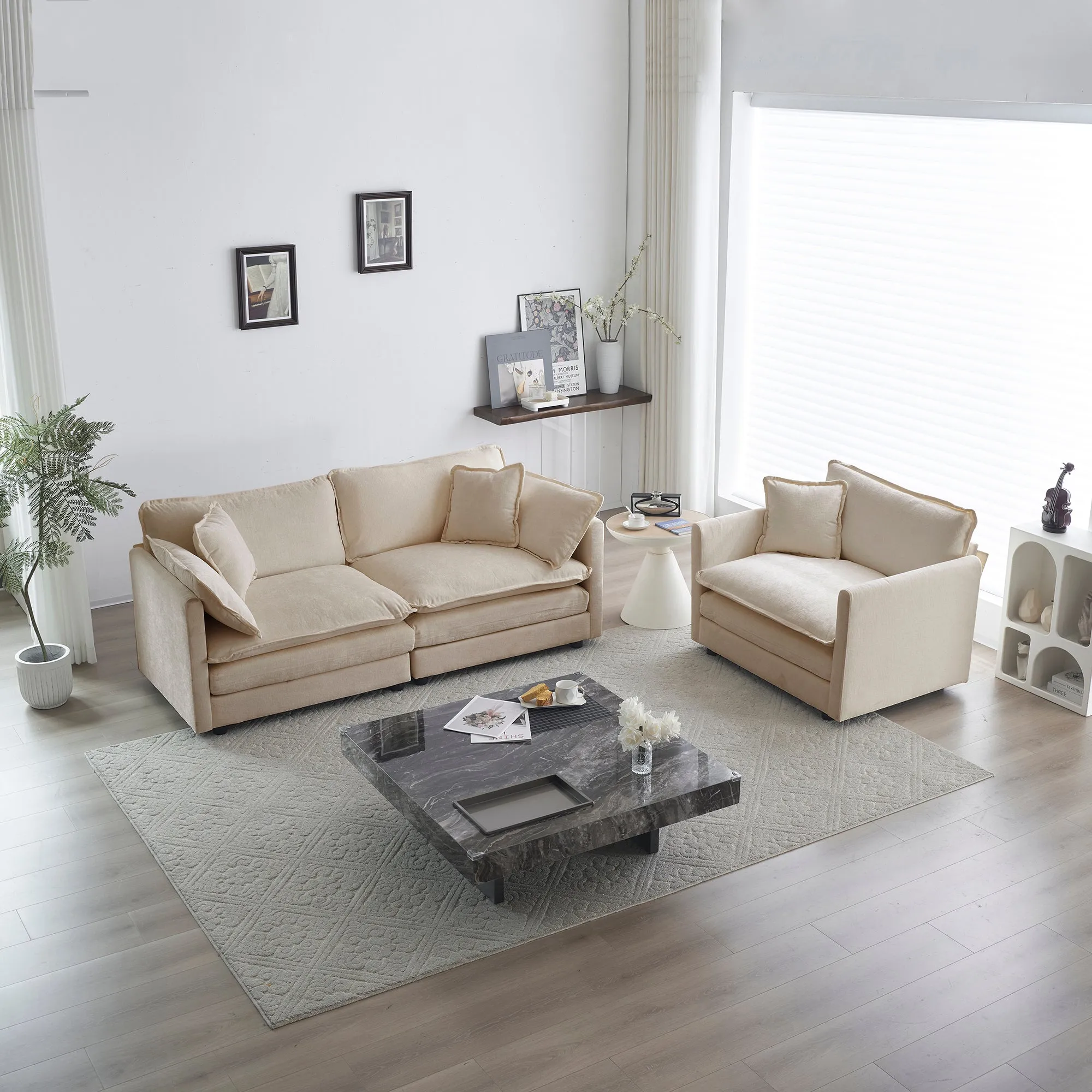 2 Seater Loveseat and Chair Set, 2 Piece Sofa & Chair Set, Loveseat and Accent Chair , 2-Piece Upholstered Chenille Sofa Living Room Couch Furniture(1 2 Seat ) ,Beige Chenille