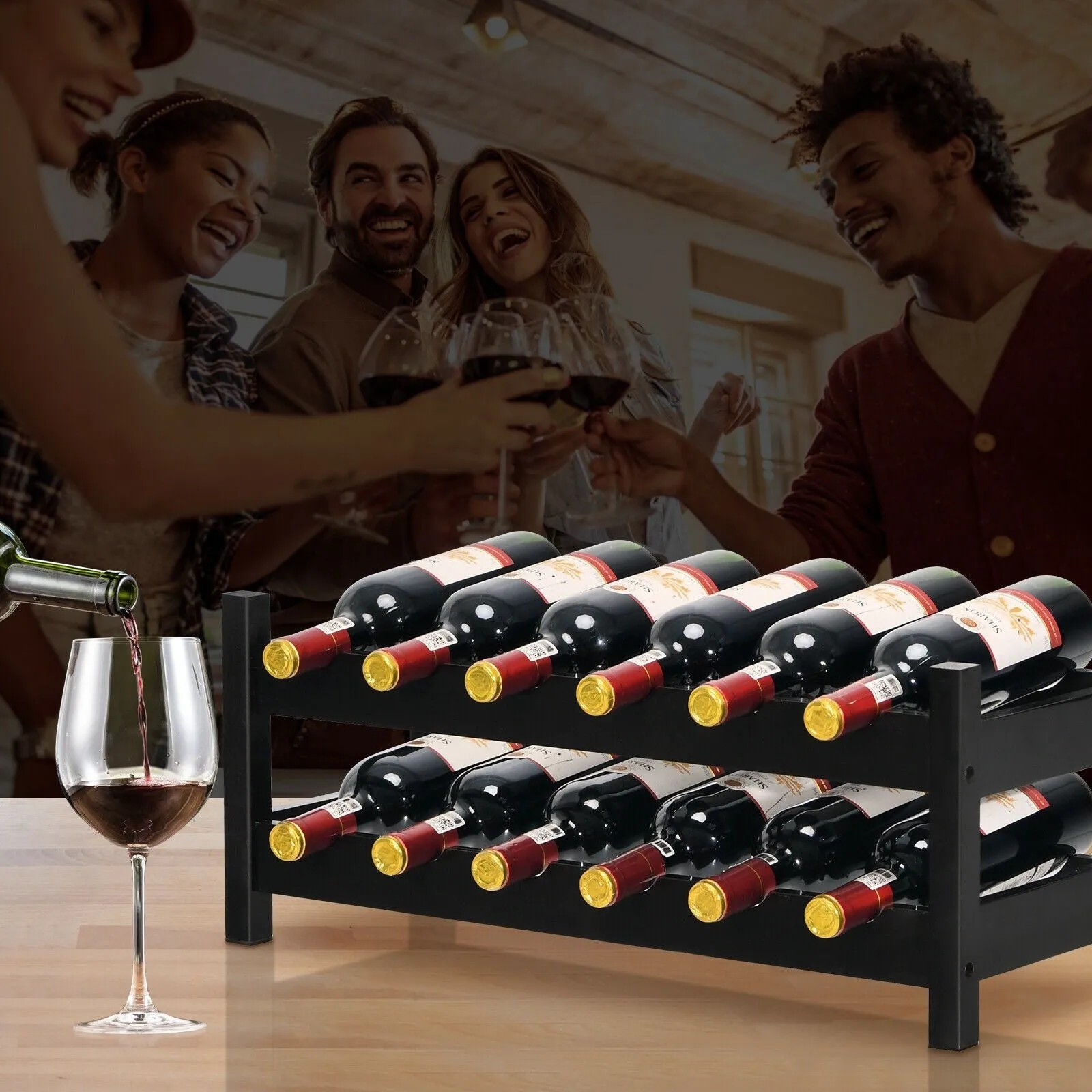 2-Tier Bamboo Wine Holder - Brown