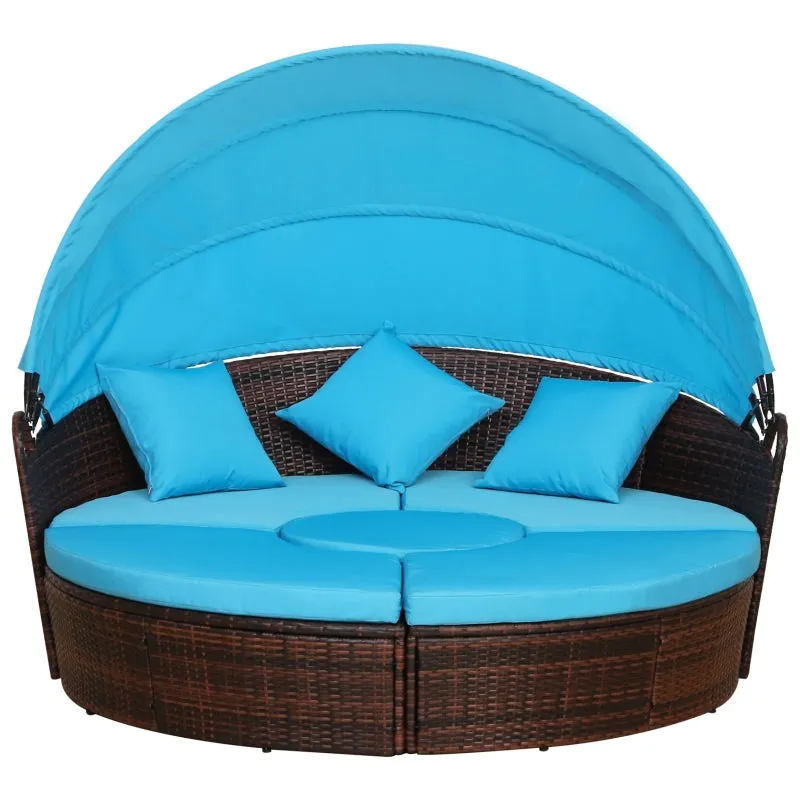 4pc Cushioned Outdoor Rattan Wicker Set with Sun Canopy - Blue