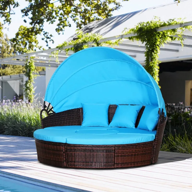 4pc Cushioned Outdoor Rattan Wicker Set with Sun Canopy - Blue