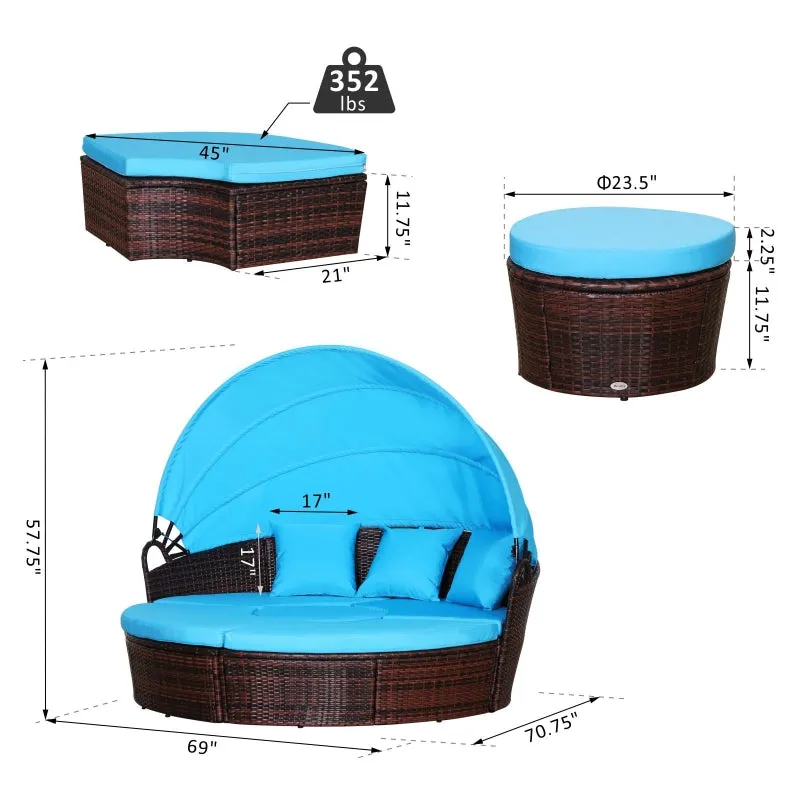 4pc Cushioned Outdoor Rattan Wicker Set with Sun Canopy - Blue