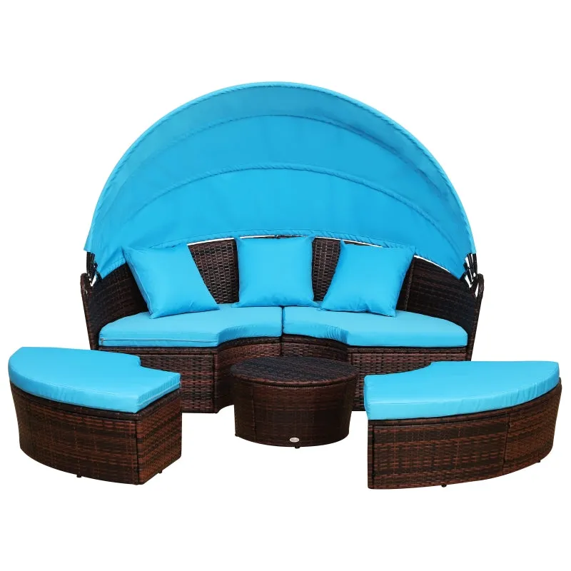 4pc Cushioned Outdoor Rattan Wicker Set with Sun Canopy - Blue