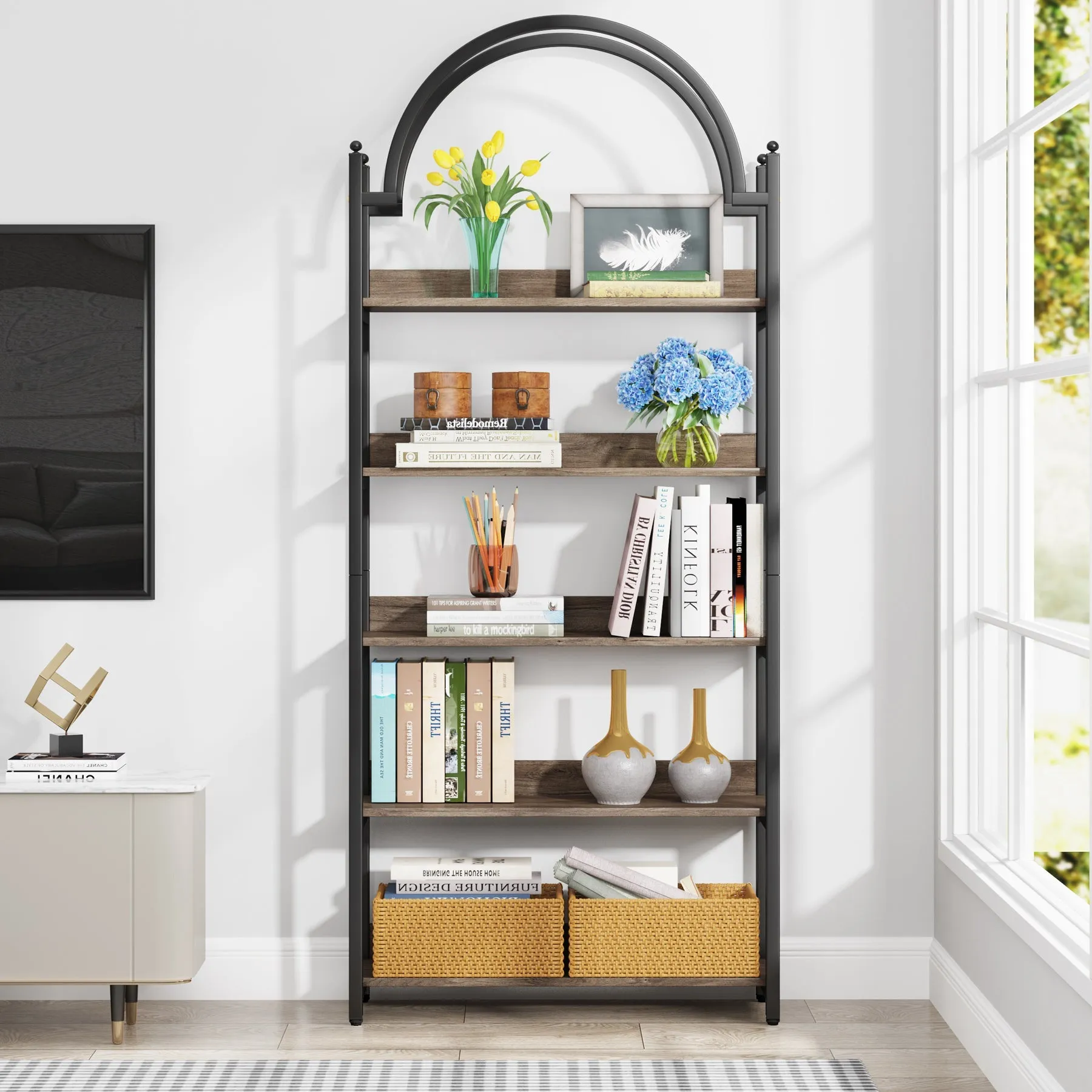 5-Shelf Bookshelf, 72.44" Arched Etagere Open Bookcase