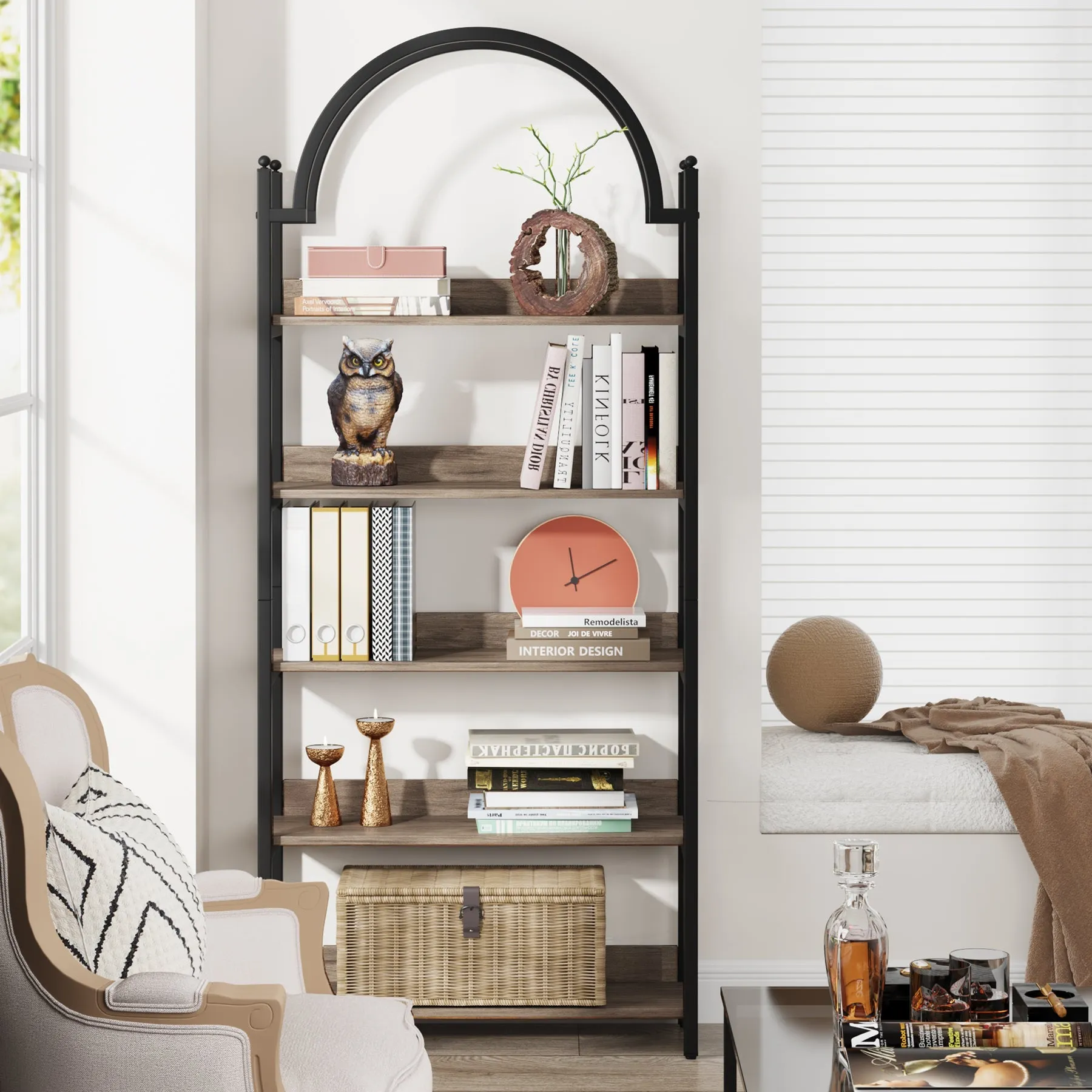 5-Shelf Bookshelf, 72.44" Arched Etagere Open Bookcase