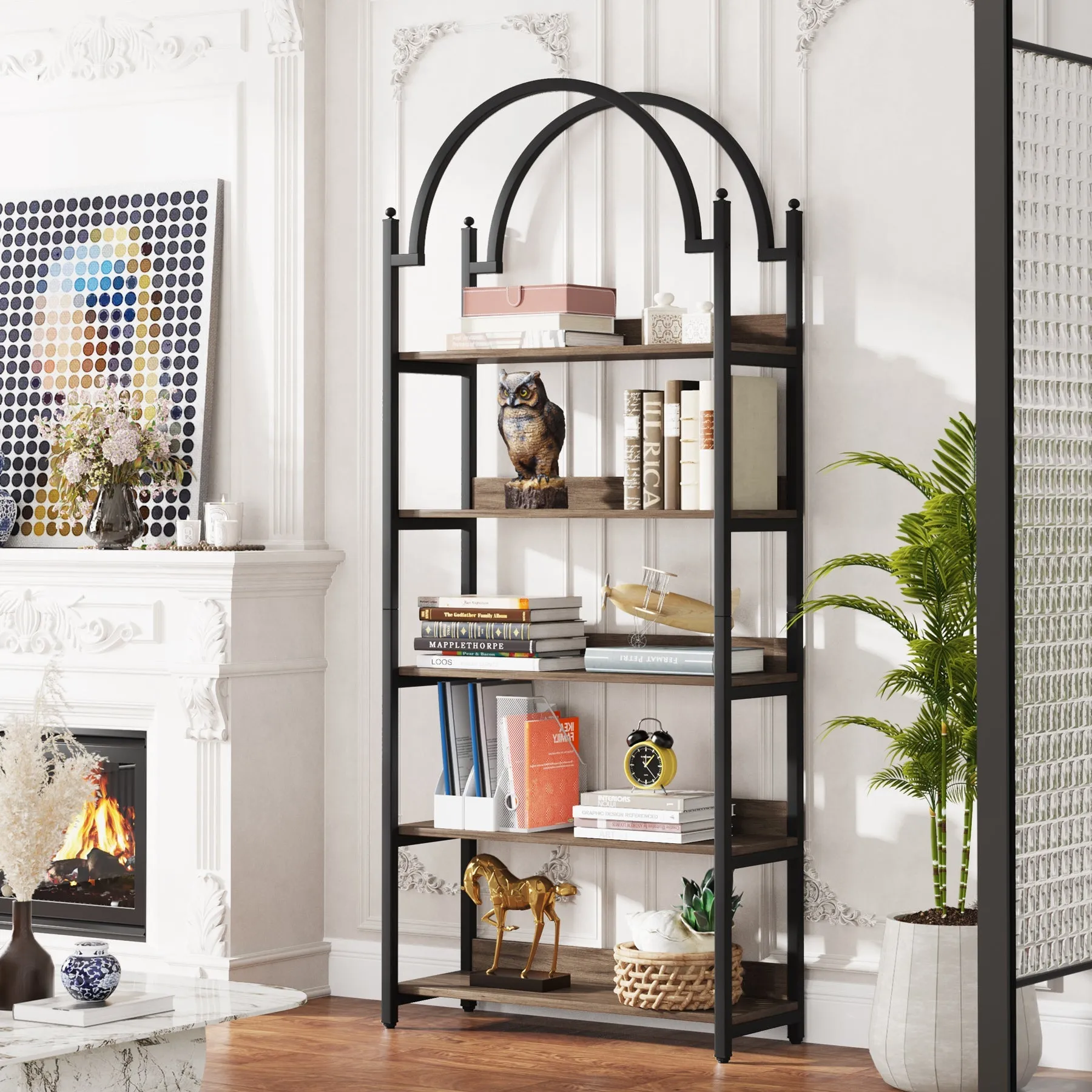 5-Shelf Bookshelf, 72.44" Arched Etagere Open Bookcase