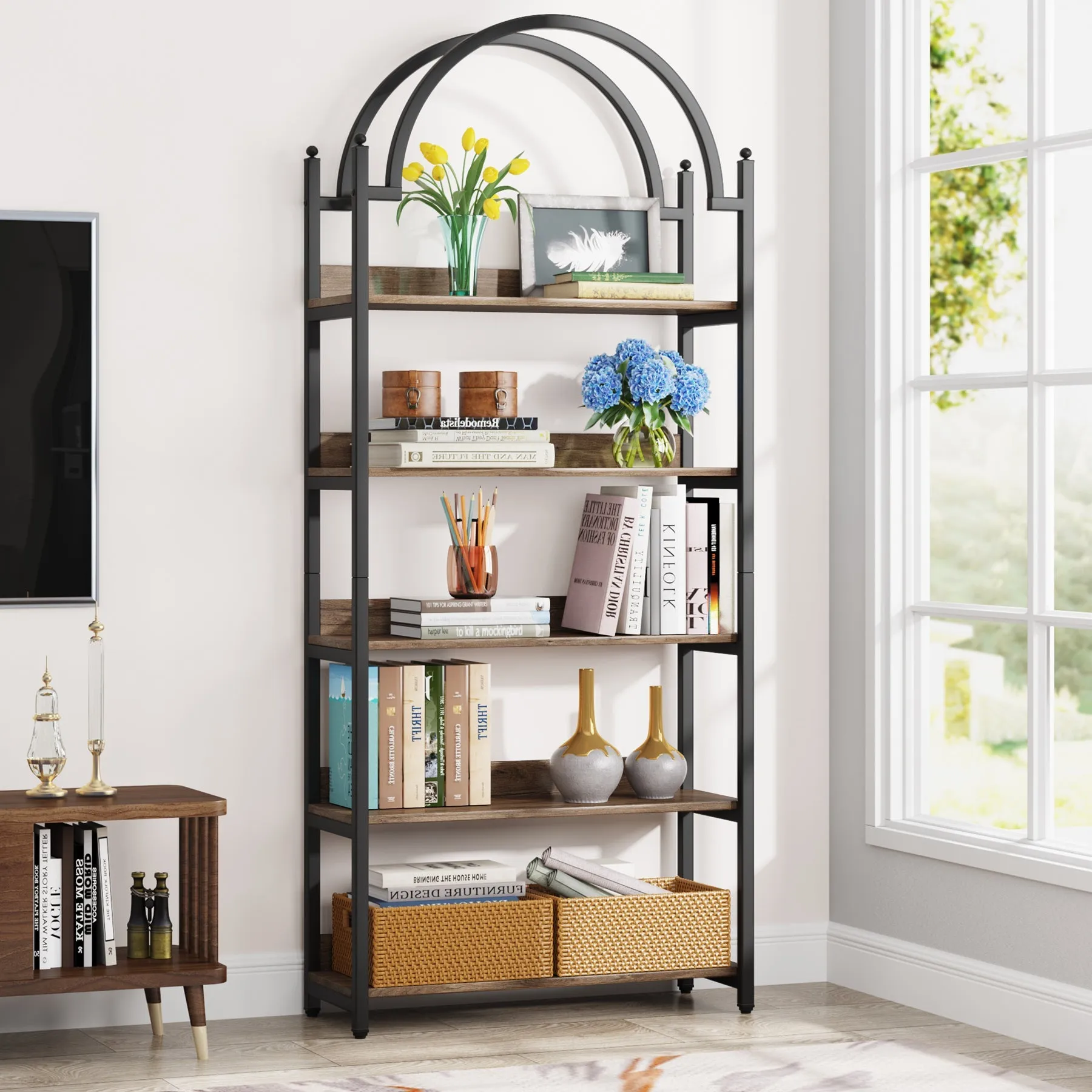 5-Shelf Bookshelf, 72.44" Arched Etagere Open Bookcase