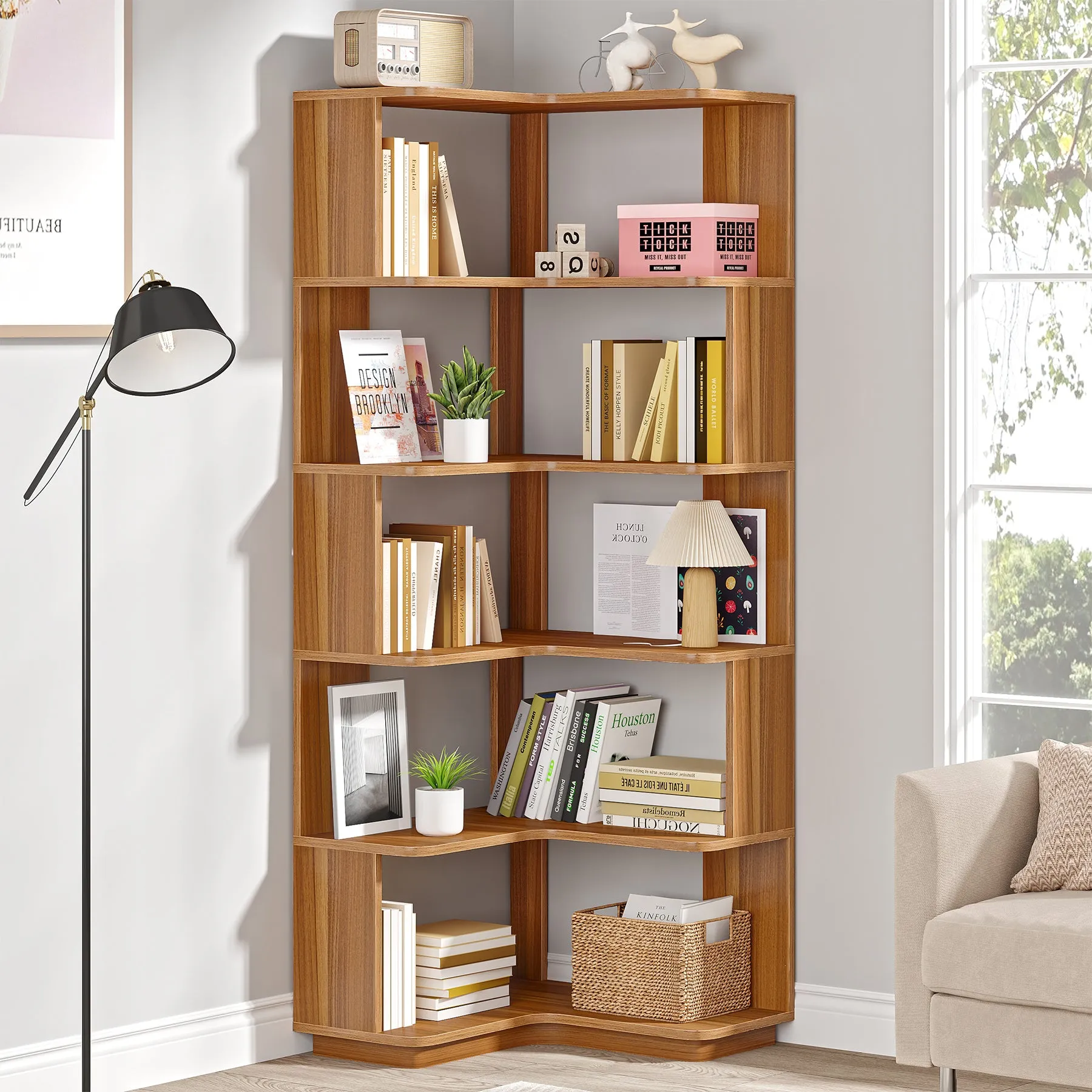 6-Tier Corner Bookshelf, 64.96" Corner Bookcase with Anti-Drop Panel