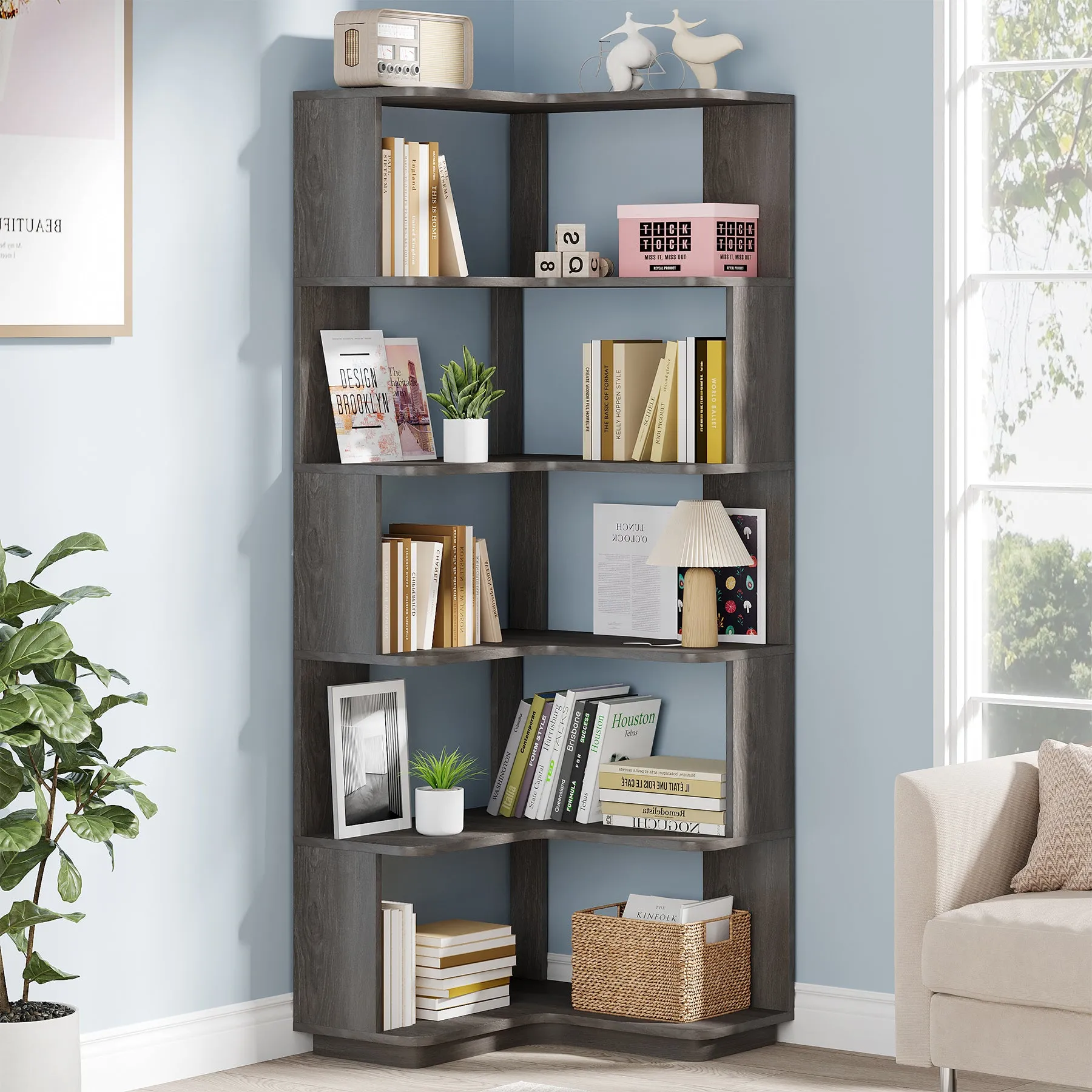 6-Tier Corner Bookshelf, 64.96" Corner Bookcase with Anti-Drop Panel