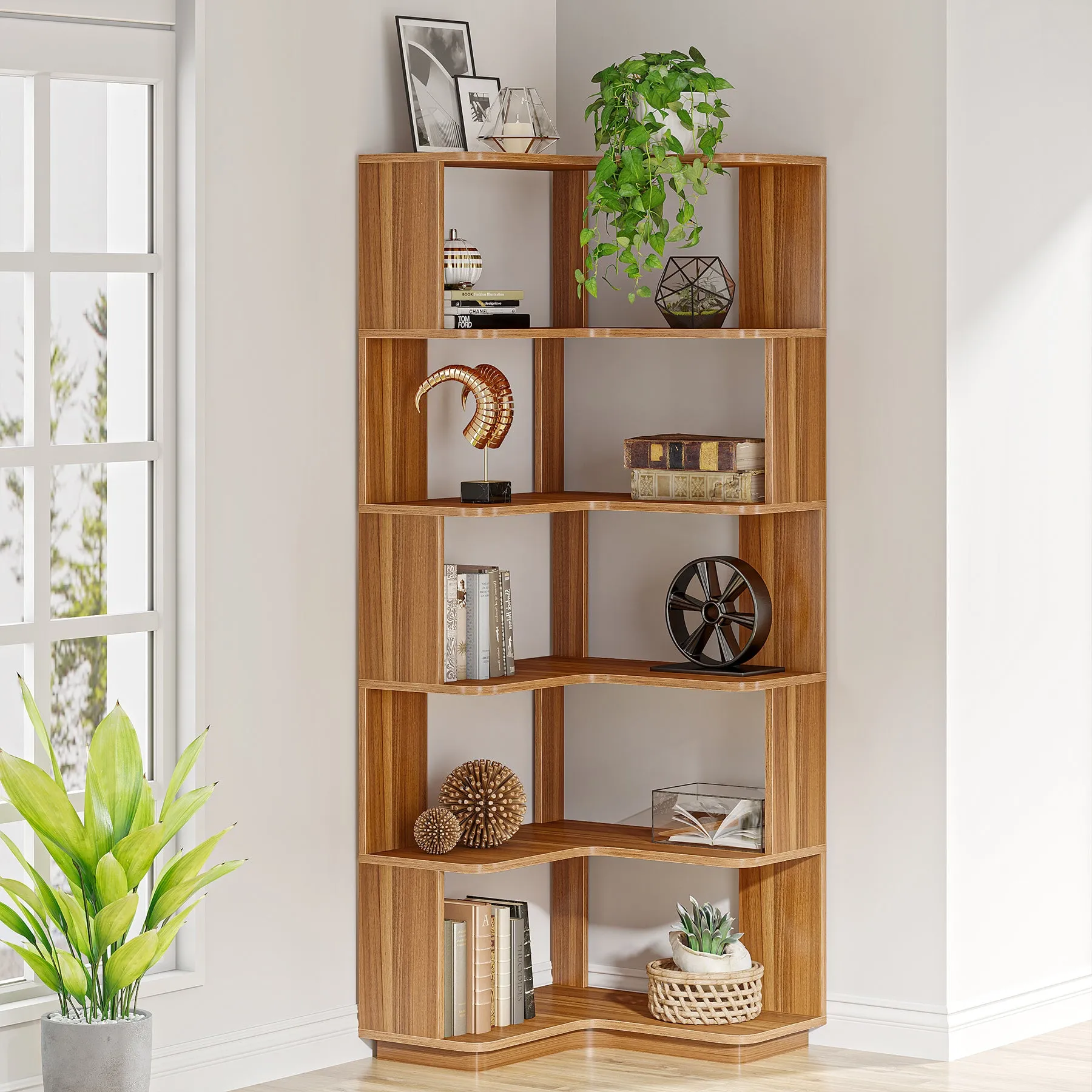 6-Tier Corner Bookshelf, 64.96" Corner Bookcase with Anti-Drop Panel