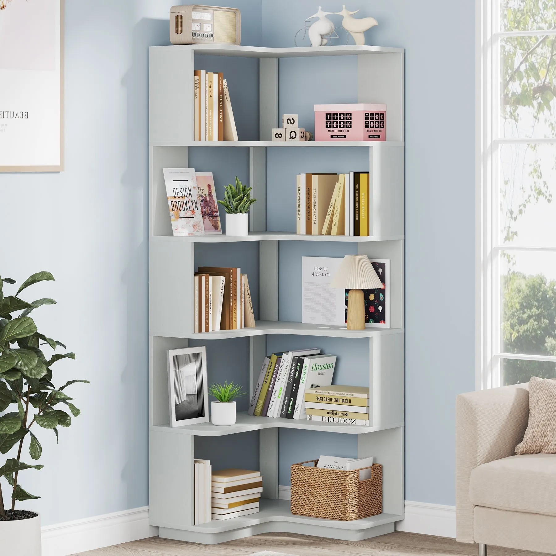 6-Tier Corner Bookshelf, 64.96" Corner Bookcase with Anti-Drop Panel