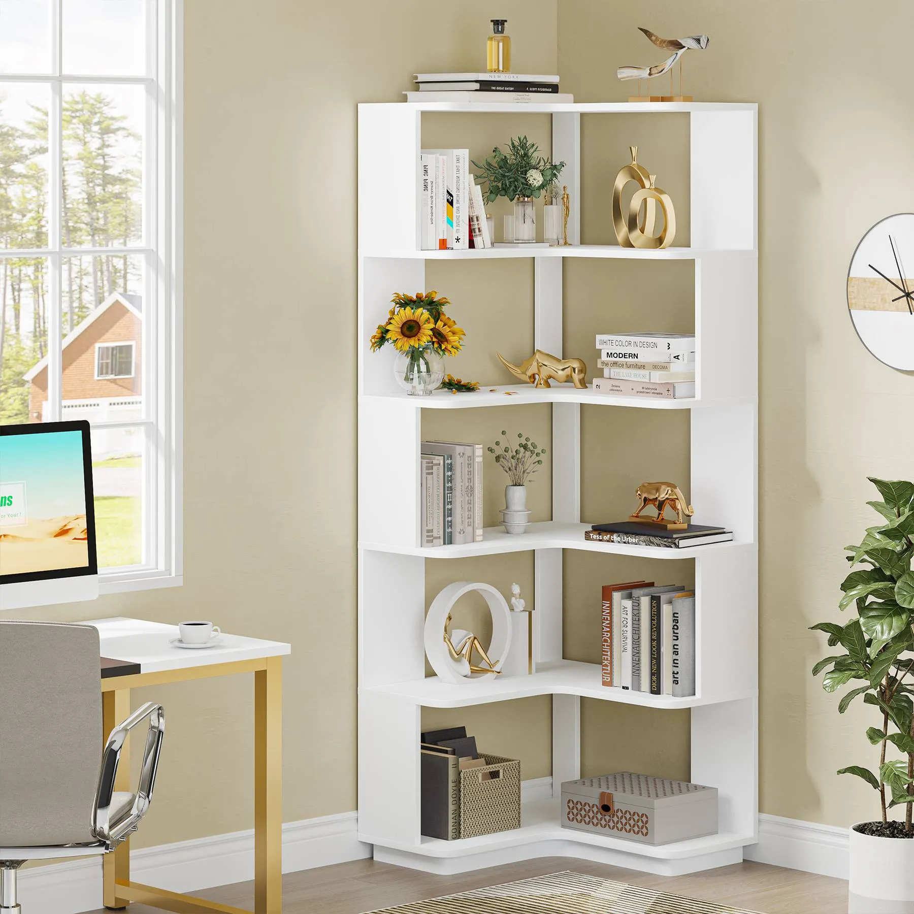 6-Tier Corner Bookshelf, 64.96" Corner Bookcase with Anti-Drop Panel