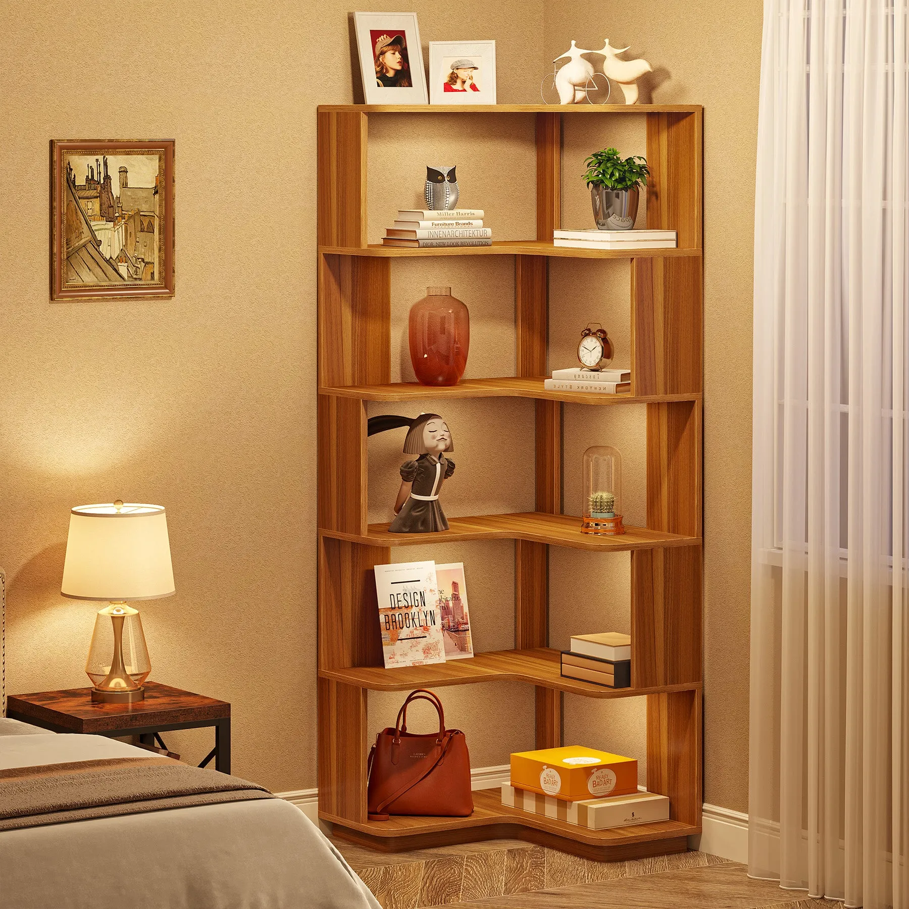 6-Tier Corner Bookshelf, 64.96" Corner Bookcase with Anti-Drop Panel