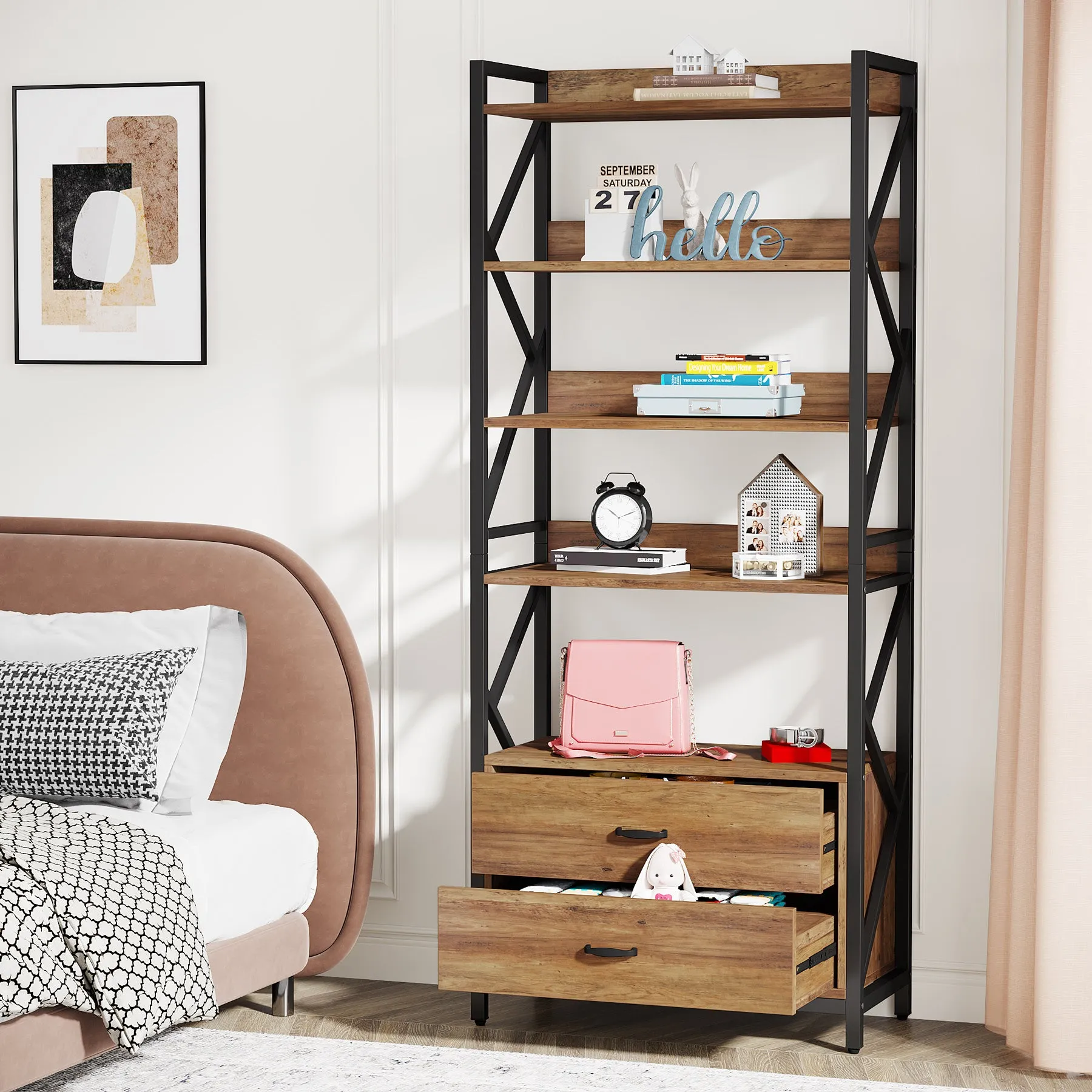 70.86" Bookshelf, Industrial 5-Tier Bookcase with 2 Drawers