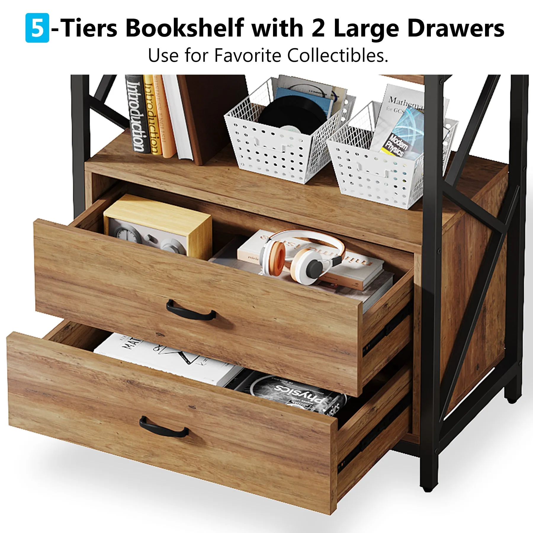 70.86" Bookshelf, Industrial 5-Tier Bookcase with 2 Drawers