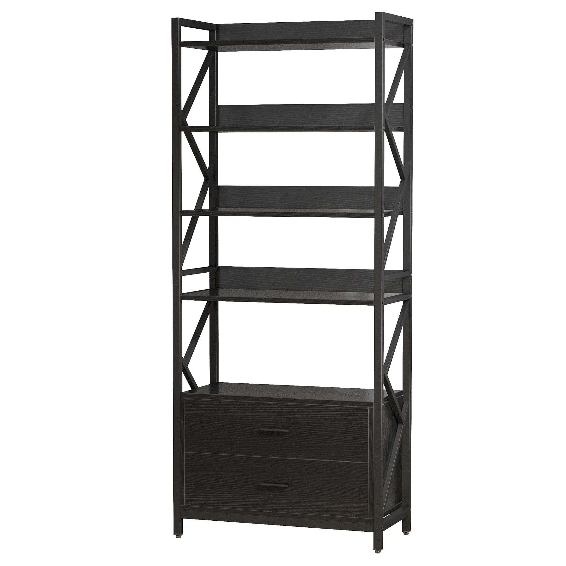 70.86" Bookshelf, Industrial 5-Tier Bookcase with 2 Drawers