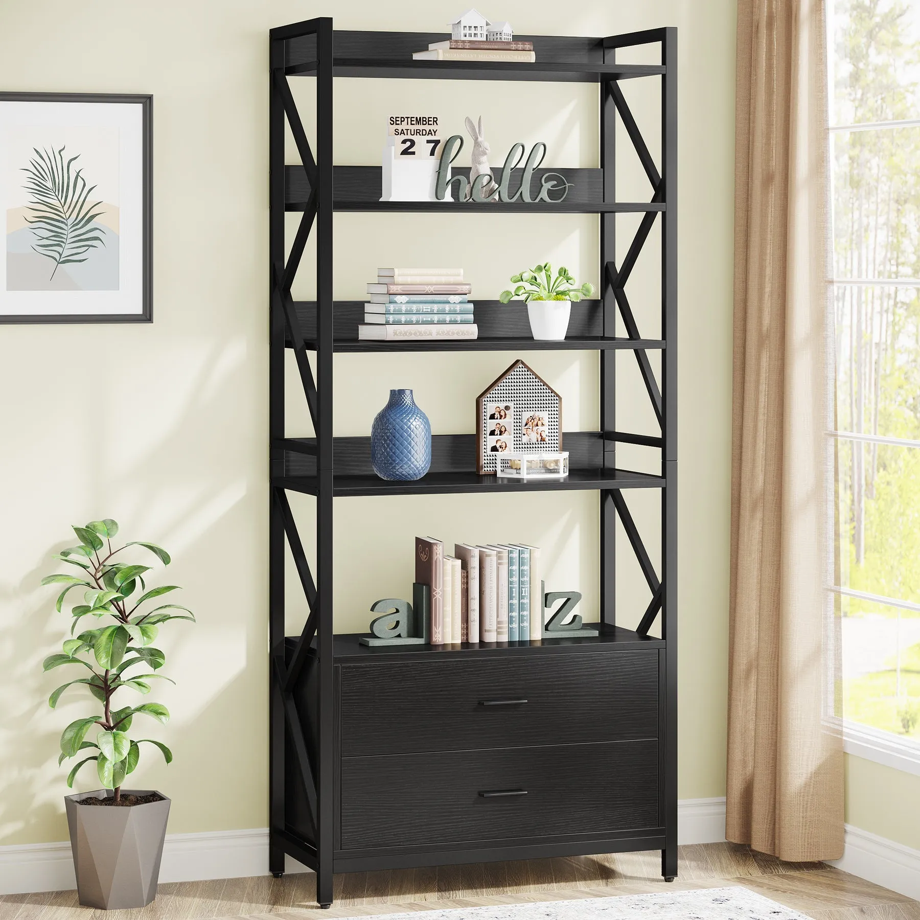 70.86" Bookshelf, Industrial 5-Tier Bookcase with 2 Drawers