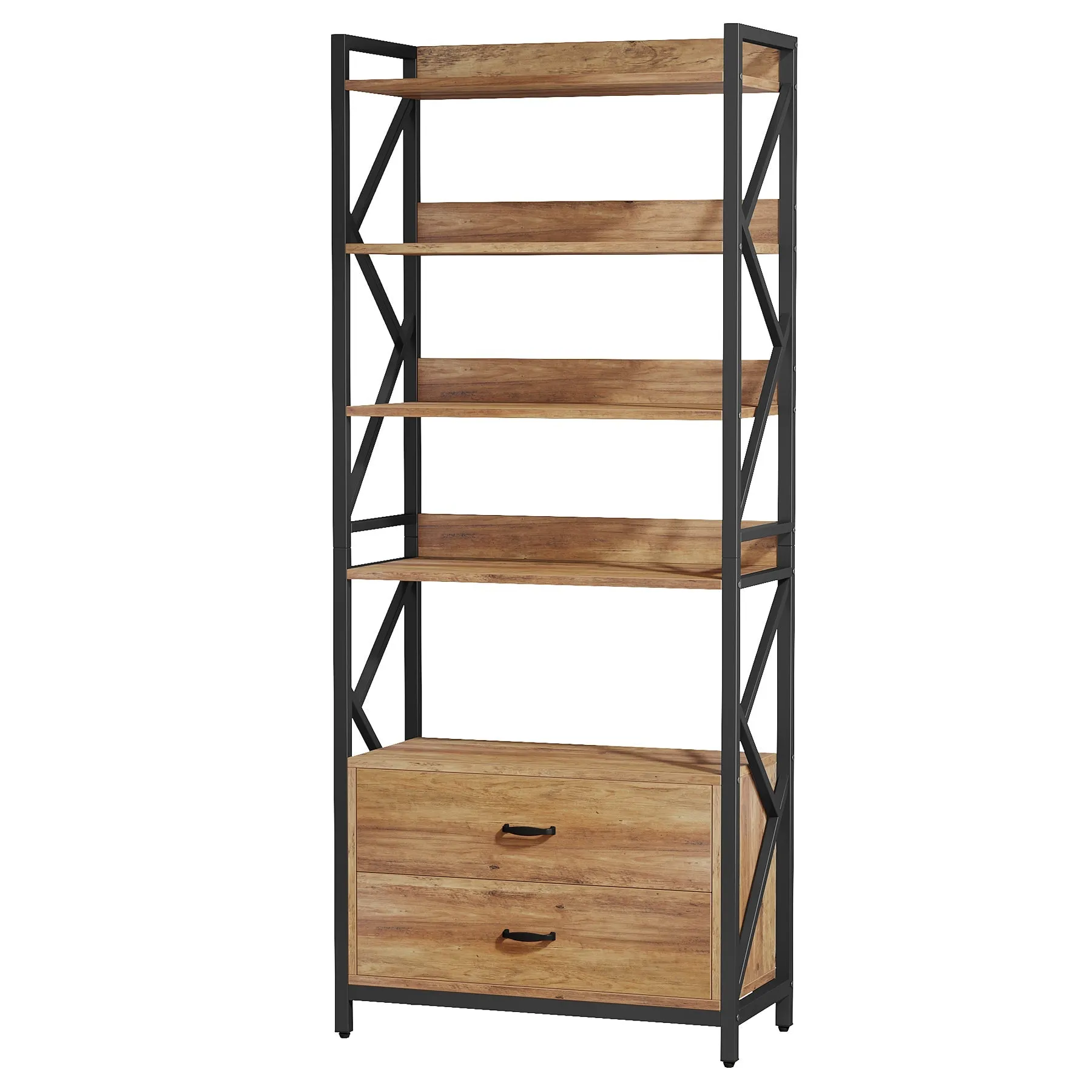 70.86" Bookshelf, Industrial 5-Tier Bookcase with 2 Drawers