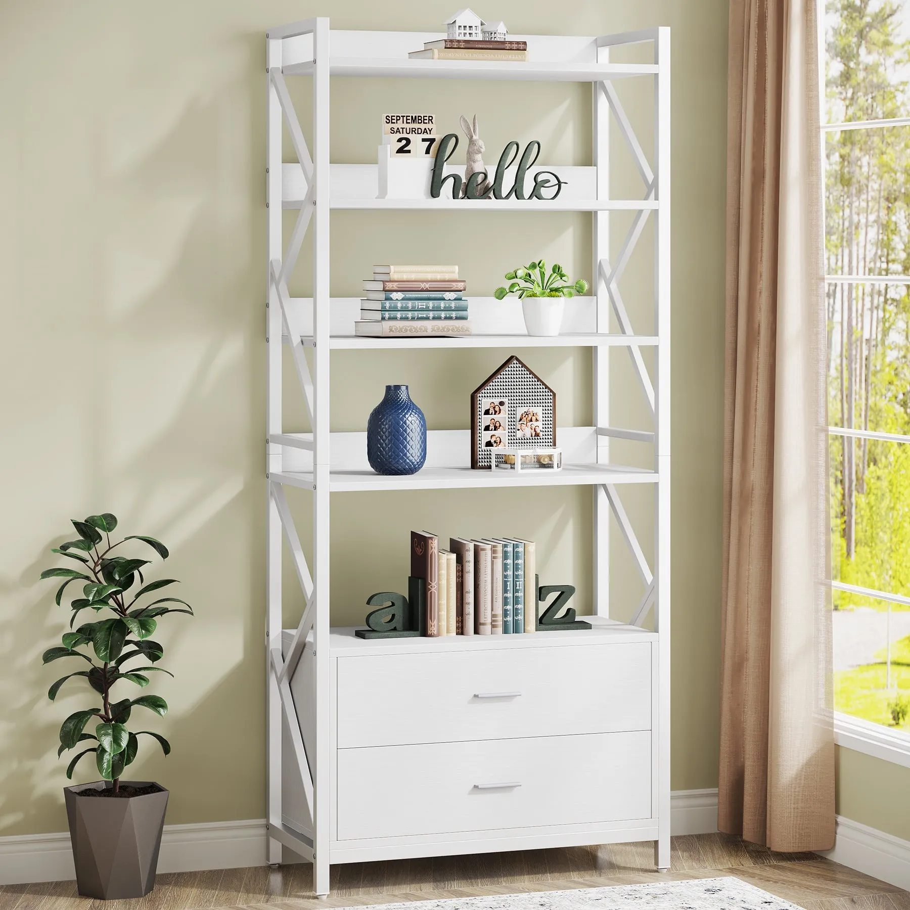 70.86" Bookshelf, Industrial 5-Tier Bookcase with 2 Drawers