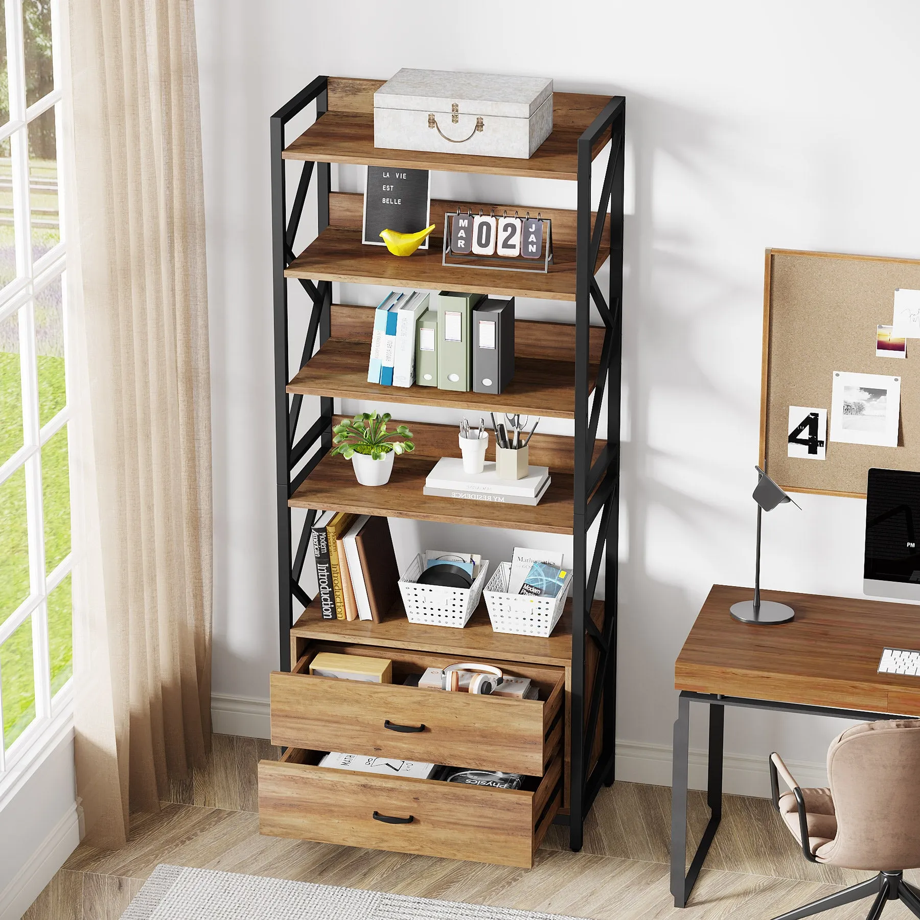 70.86" Bookshelf, Industrial 5-Tier Bookcase with 2 Drawers