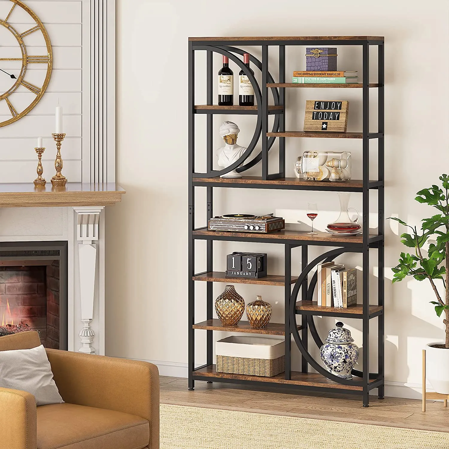 77" Bookshelf, Industrial 8-Tier Etagere Bookcase Open Display Shelves