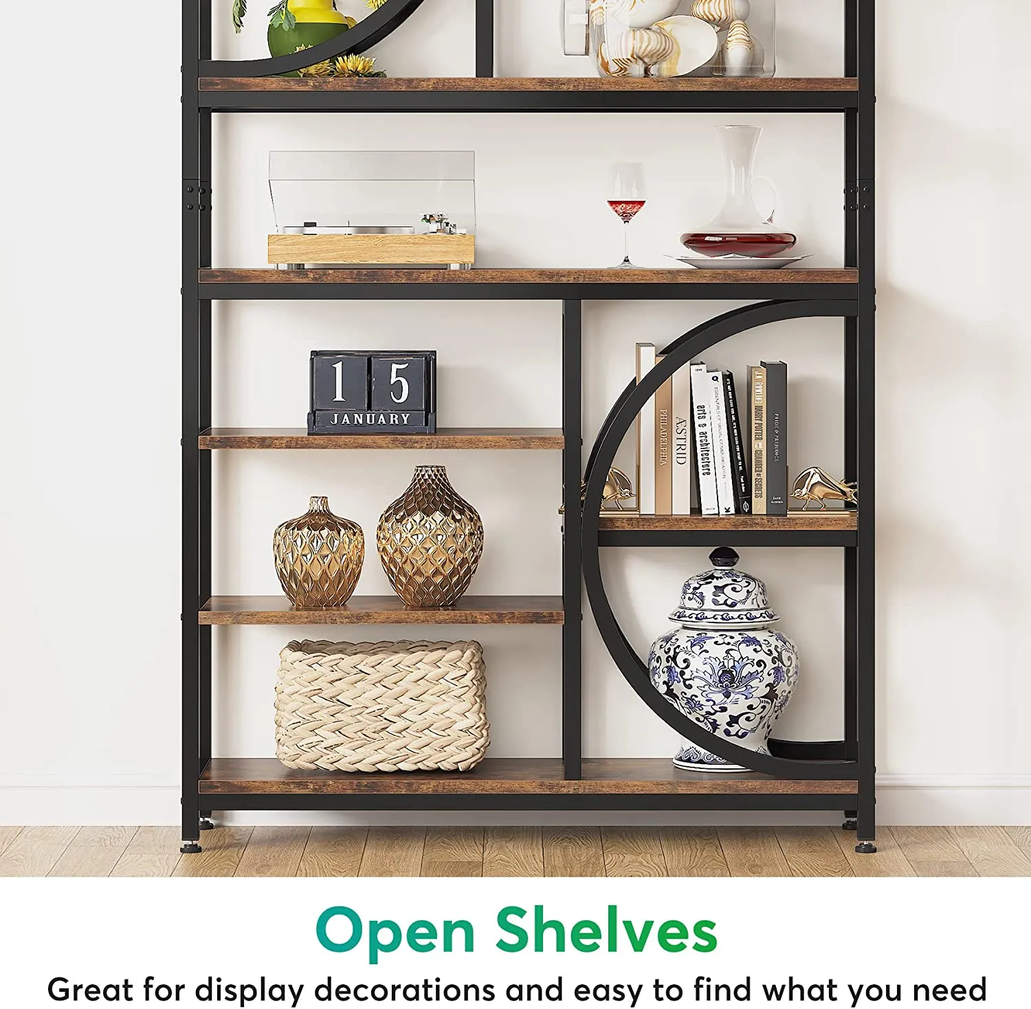 77" Bookshelf, Industrial 8-Tier Etagere Bookcase Open Display Shelves