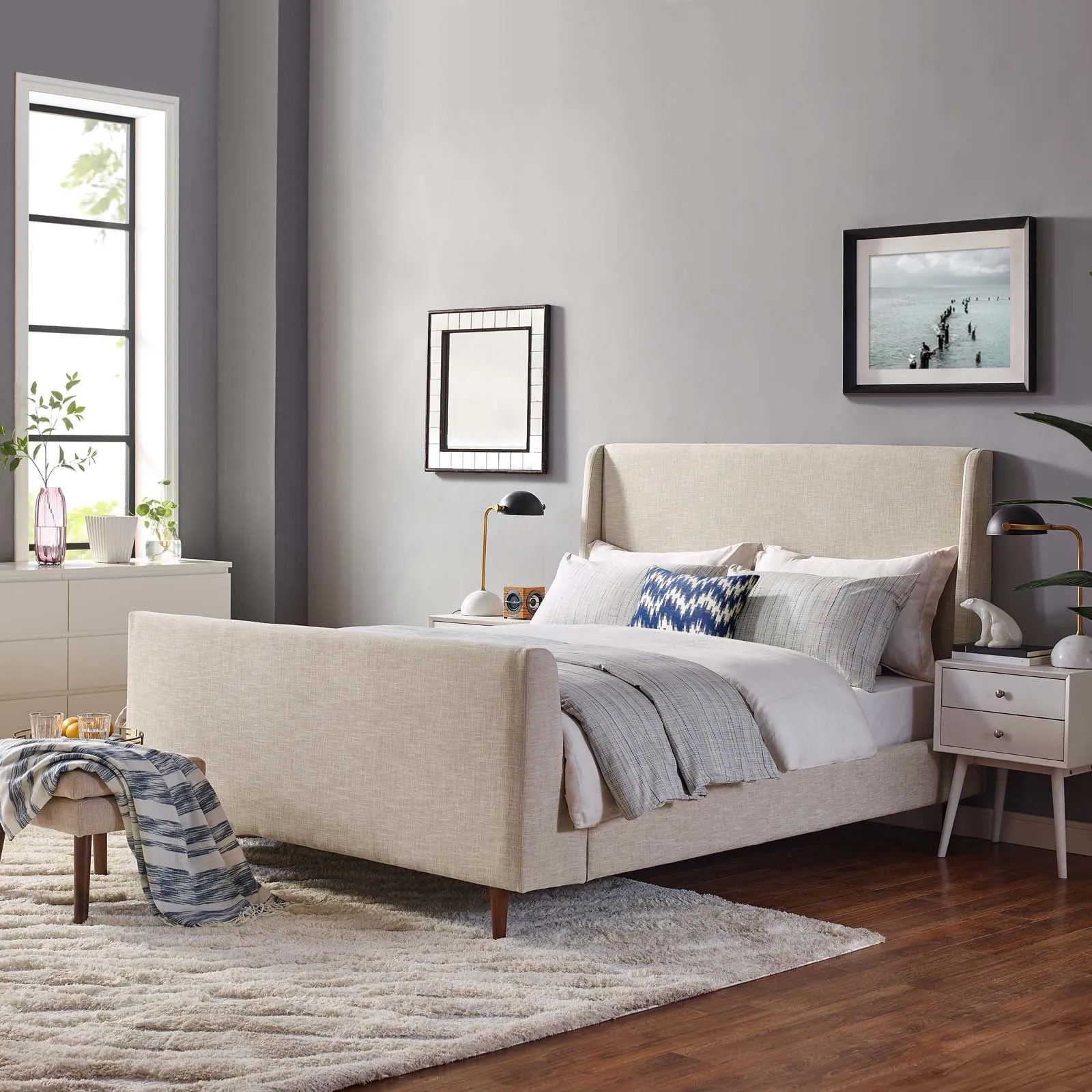 Aubree Upholstered Fabric Sleigh Platform Bed