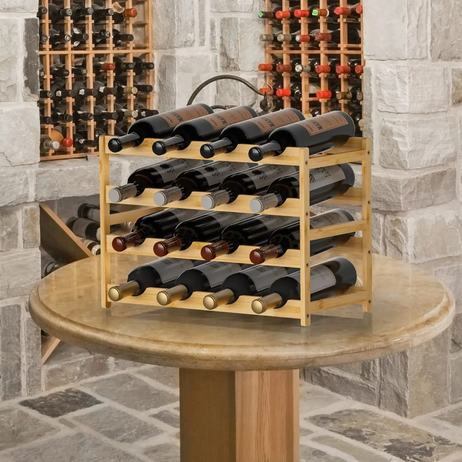 Bambloom Wine Rack,Bamboo Freestanding Floor Wine Bottle Holder,4-Tier Wine Storage Racks,Natural