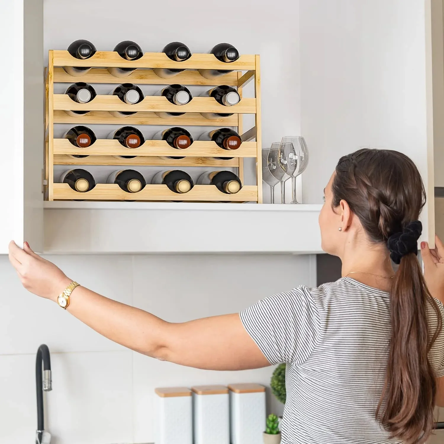 Bambloom Wine Rack,Bamboo Freestanding Floor Wine Bottle Holder,4-Tier Wine Storage Racks,Natural