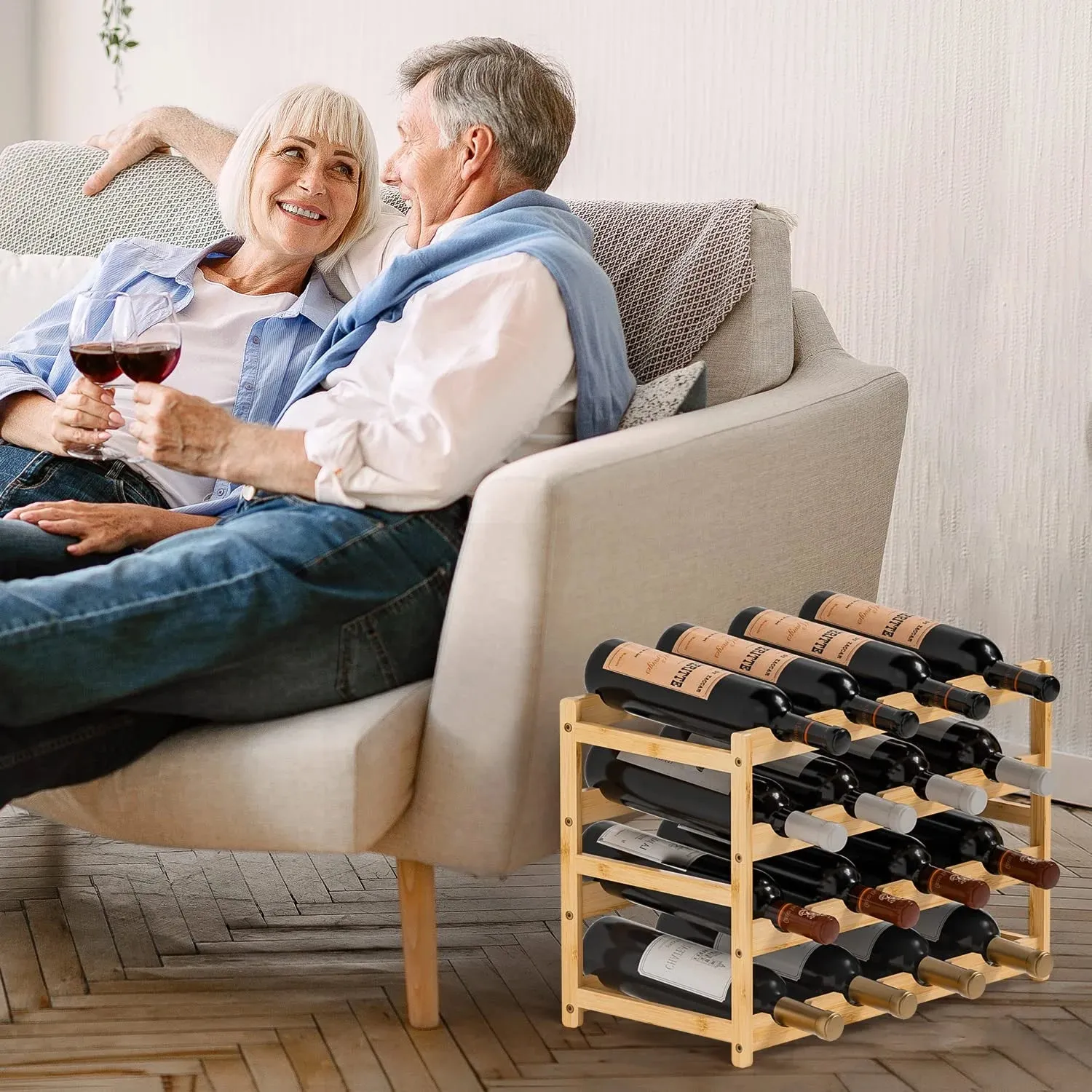Bambloom Wine Rack,Bamboo Freestanding Floor Wine Bottle Holder,4-Tier Wine Storage Racks,Natural