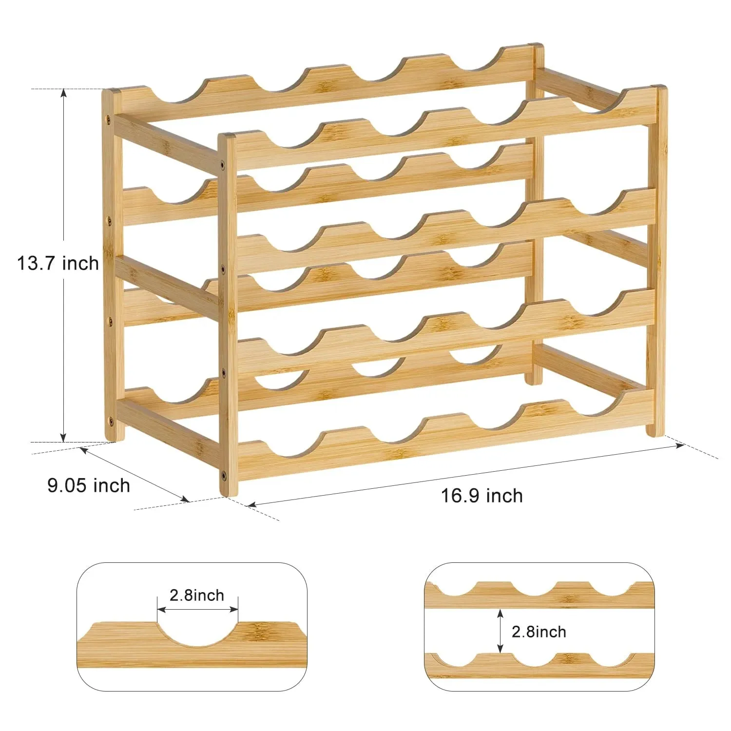 Bambloom Wine Rack,Bamboo Freestanding Floor Wine Bottle Holder,4-Tier Wine Storage Racks,Natural