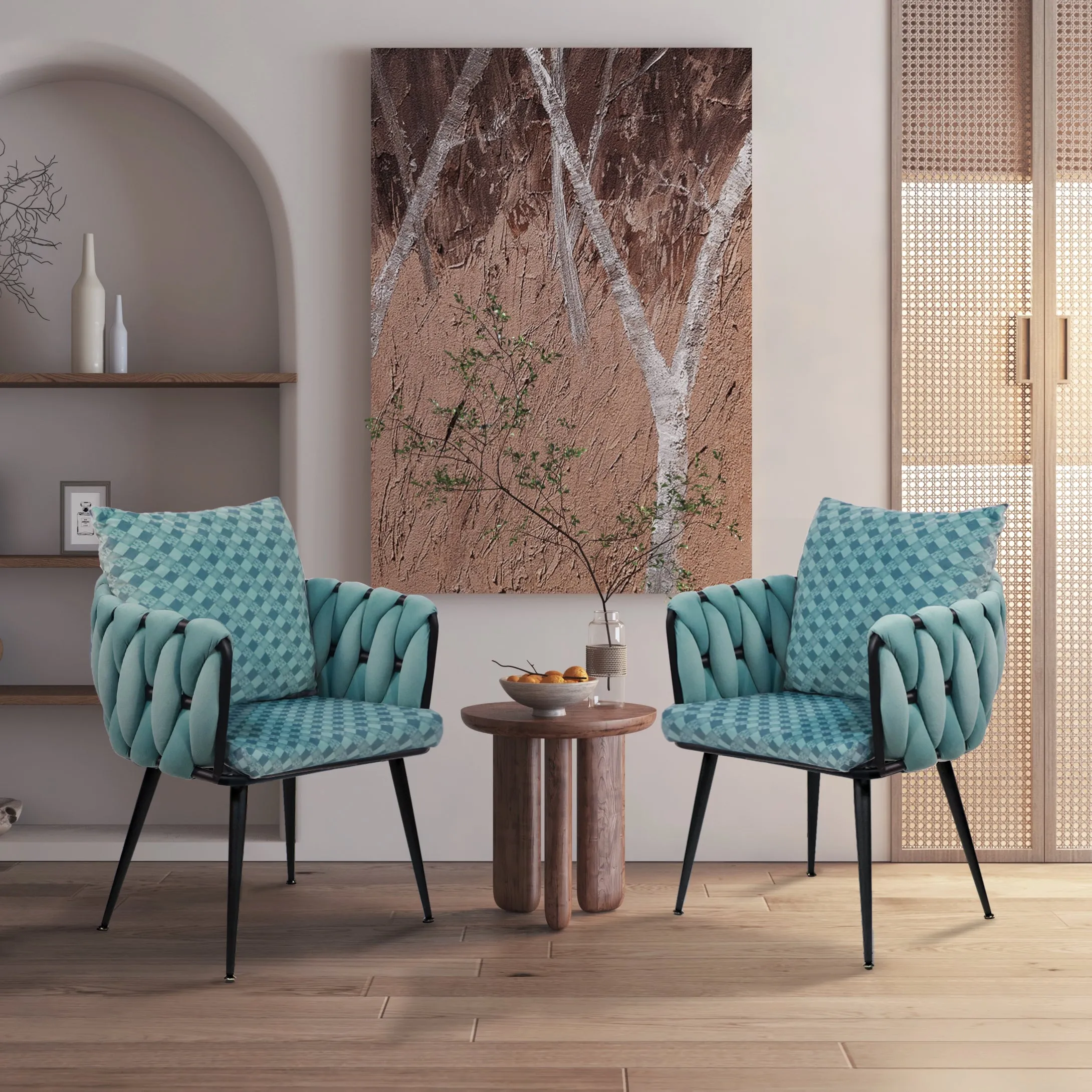 Blue Modern Velvet Dining Chairs Set of 2 Hand Weaving Accent Chairs Living Room Chairs Upholstered Side Chair with Black Metal Legs for Dining Room Kitchen Vanity Living Room