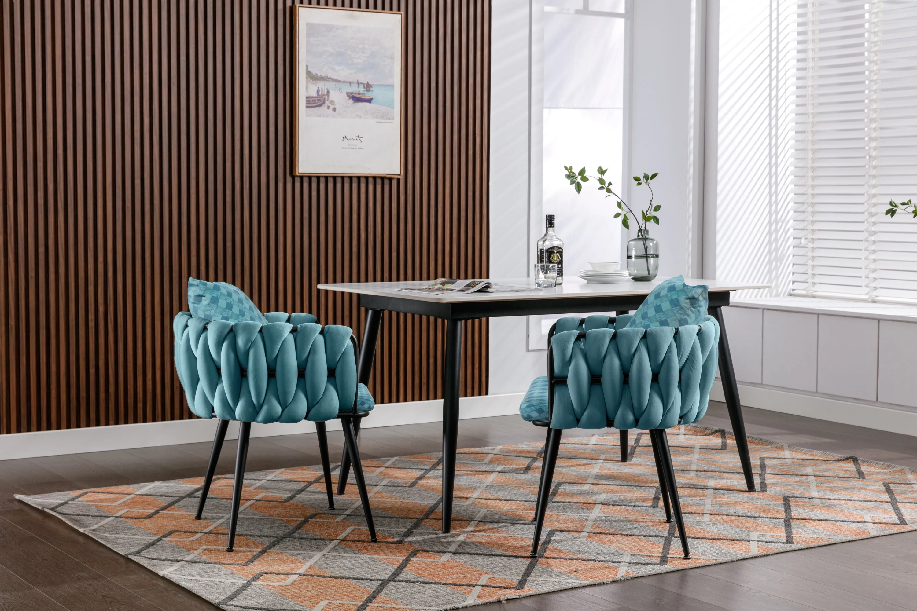 Blue Modern Velvet Dining Chairs Set of 2 Hand Weaving Accent Chairs Living Room Chairs Upholstered Side Chair with Black Metal Legs for Dining Room Kitchen Vanity Living Room