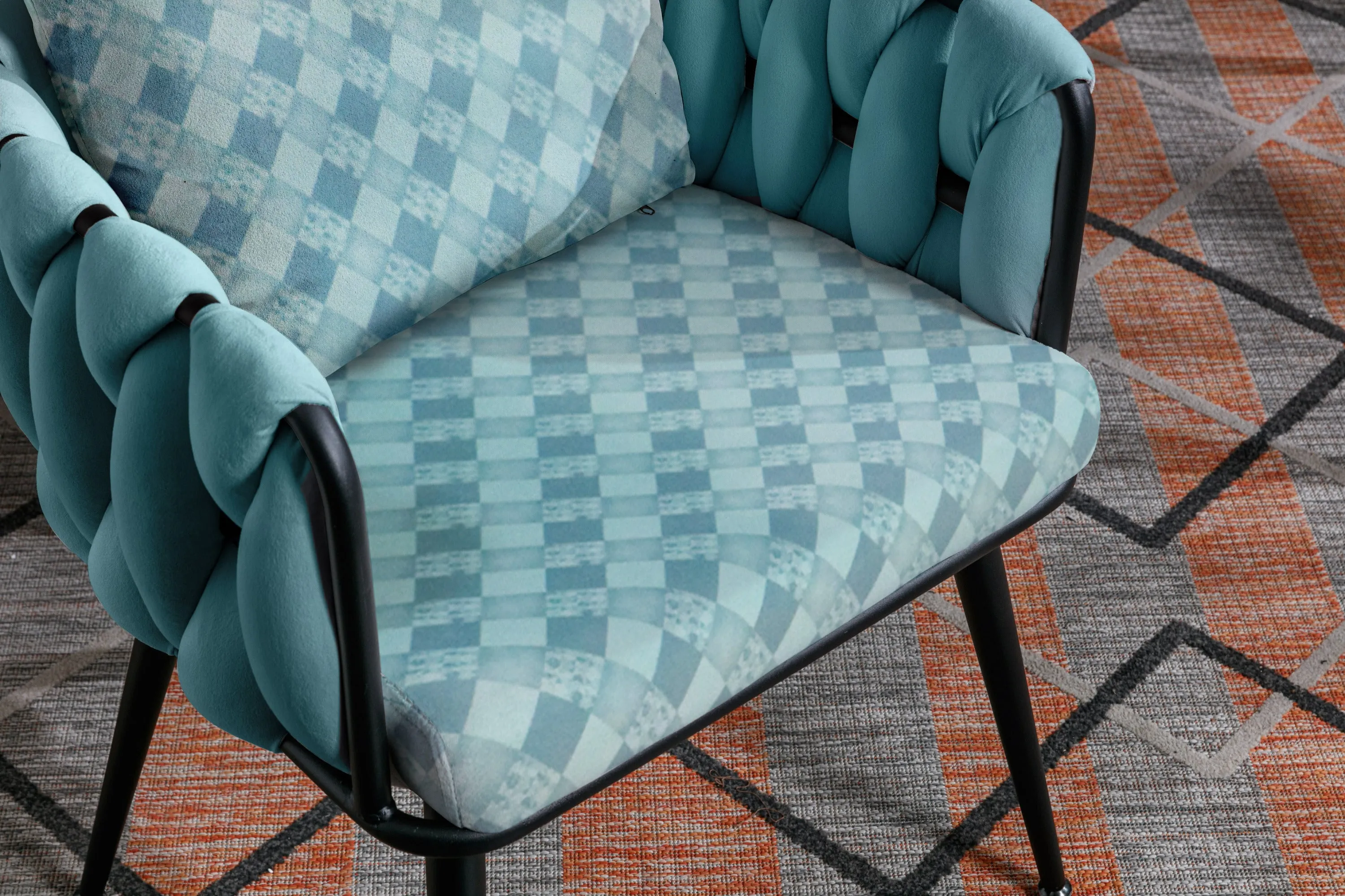 Blue Modern Velvet Dining Chairs Set of 2 Hand Weaving Accent Chairs Living Room Chairs Upholstered Side Chair with Black Metal Legs for Dining Room Kitchen Vanity Living Room