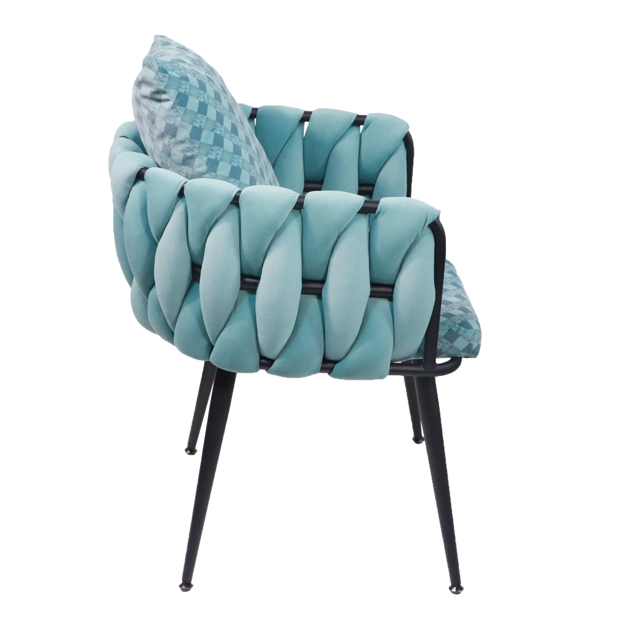 Blue Modern Velvet Dining Chairs Set of 2 Hand Weaving Accent Chairs Living Room Chairs Upholstered Side Chair with Black Metal Legs for Dining Room Kitchen Vanity Living Room