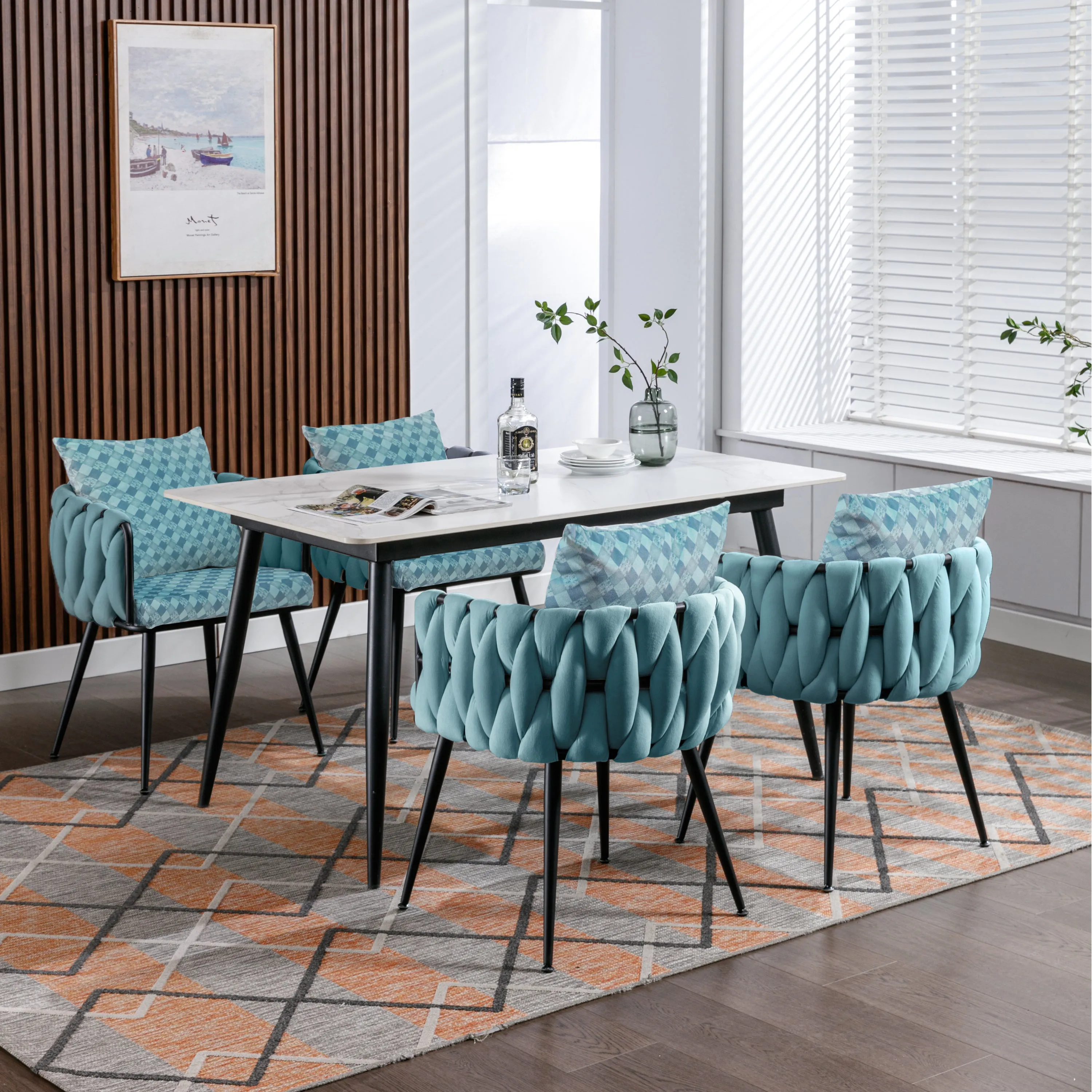 Blue Modern Velvet Dining Chairs Set of 2 Hand Weaving Accent Chairs Living Room Chairs Upholstered Side Chair with Black Metal Legs for Dining Room Kitchen Vanity Living Room