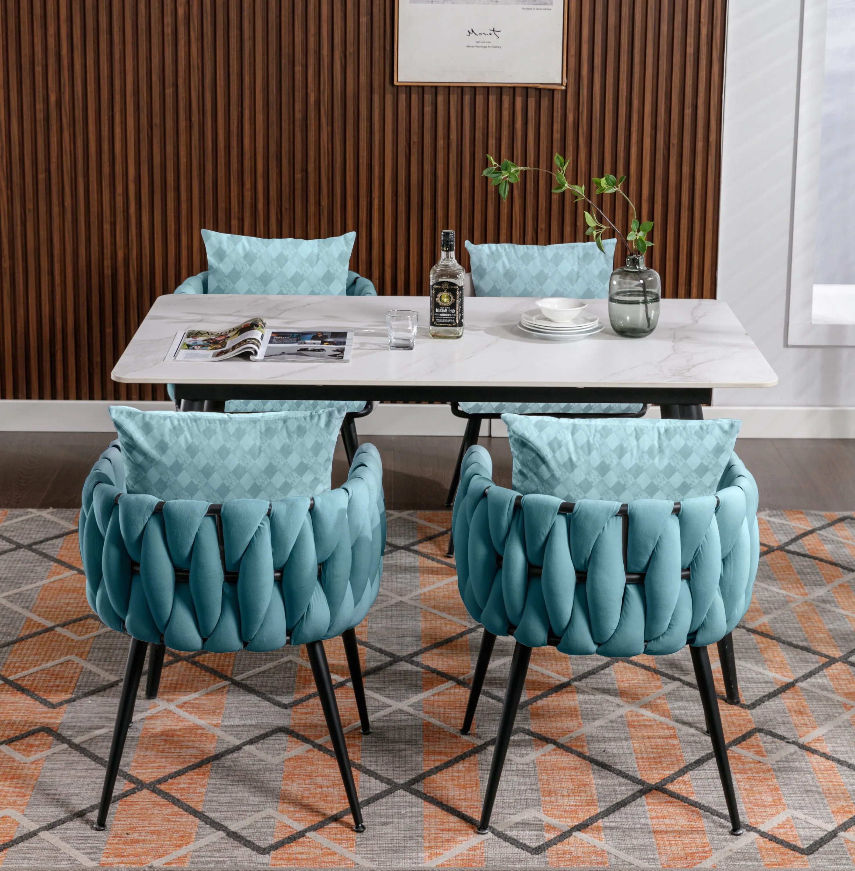Blue Modern Velvet Dining Chairs Set of 2 Hand Weaving Accent Chairs Living Room Chairs Upholstered Side Chair with Black Metal Legs for Dining Room Kitchen Vanity Living Room