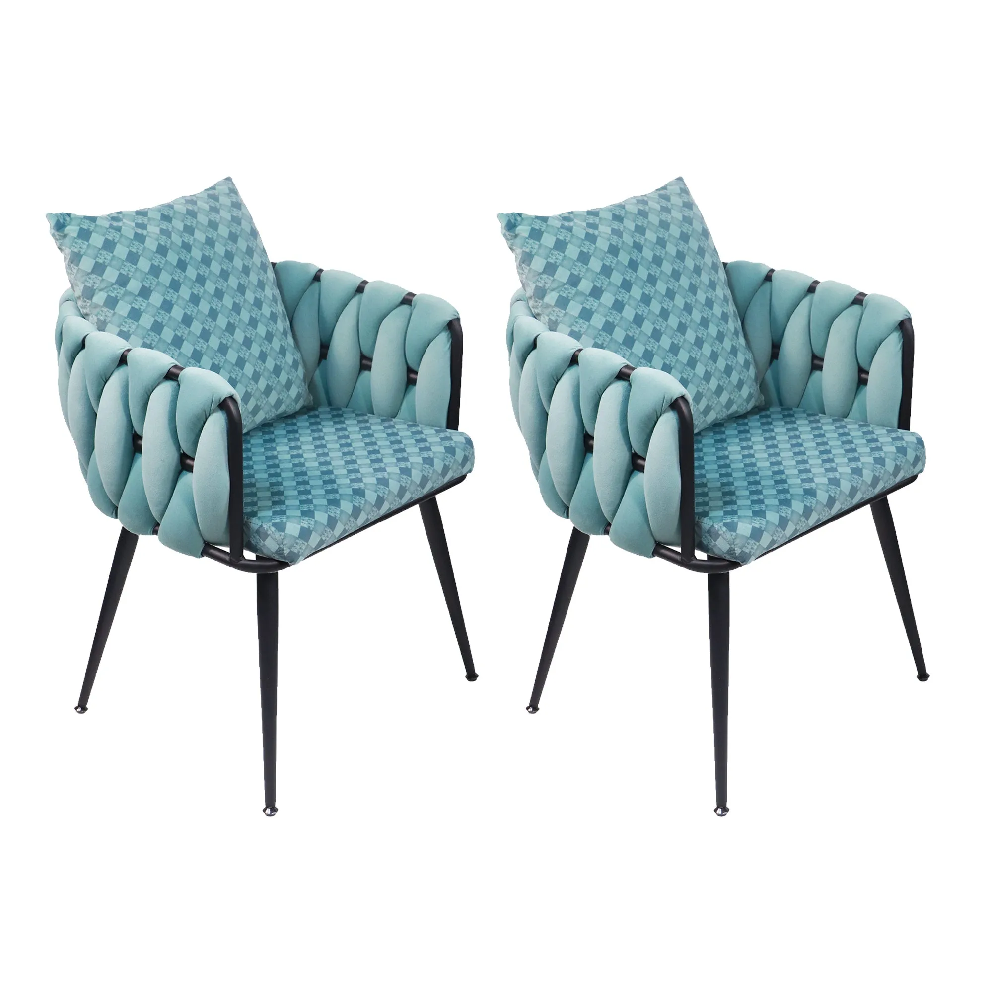 Blue Modern Velvet Dining Chairs Set of 2 Hand Weaving Accent Chairs Living Room Chairs Upholstered Side Chair with Black Metal Legs for Dining Room Kitchen Vanity Living Room