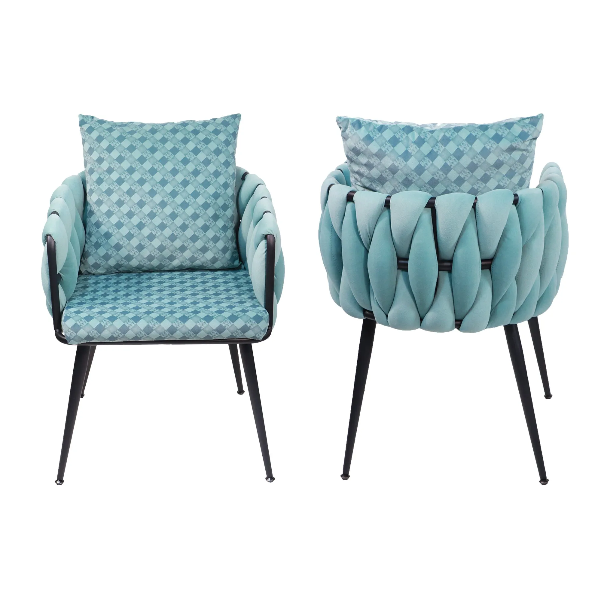 Blue Modern Velvet Dining Chairs Set of 2 Hand Weaving Accent Chairs Living Room Chairs Upholstered Side Chair with Black Metal Legs for Dining Room Kitchen Vanity Living Room