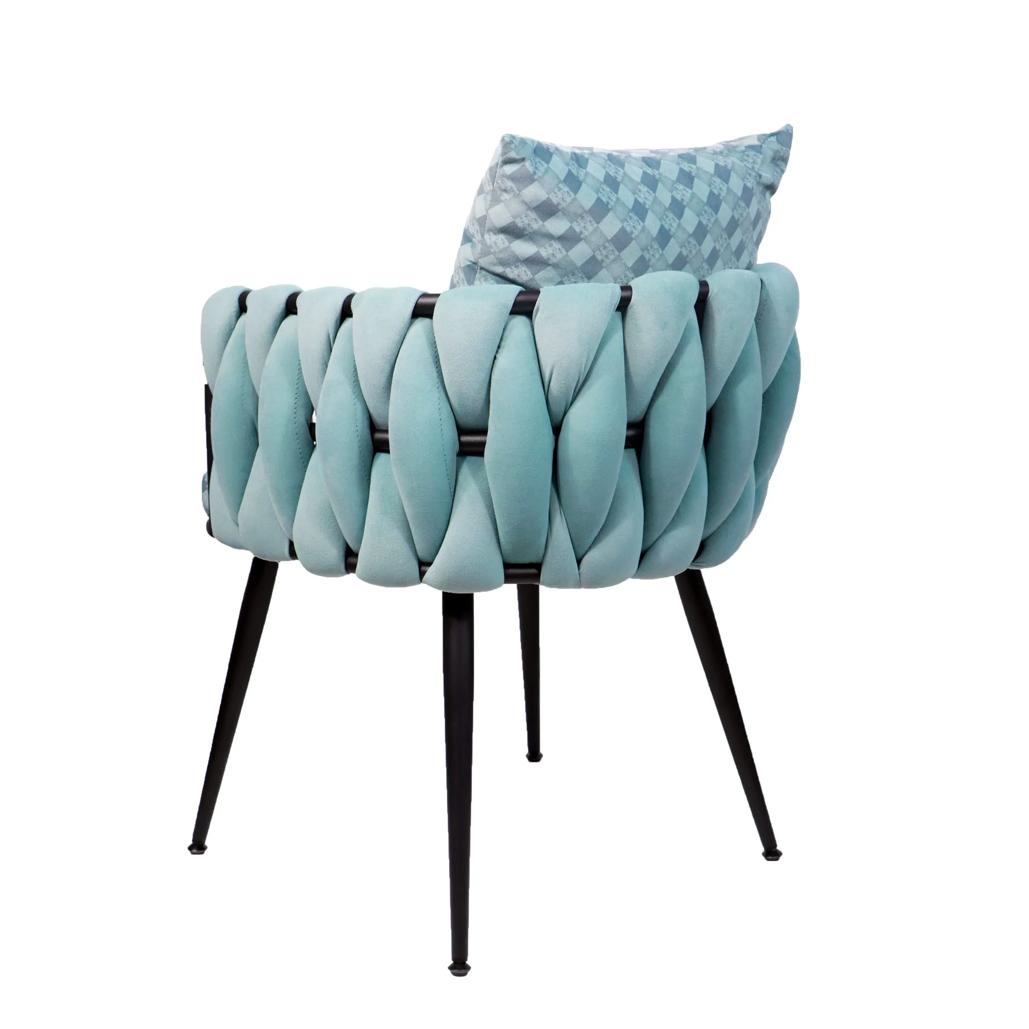 Blue Modern Velvet Dining Chairs Set of 2 Hand Weaving Accent Chairs Living Room Chairs Upholstered Side Chair with Black Metal Legs for Dining Room Kitchen Vanity Living Room