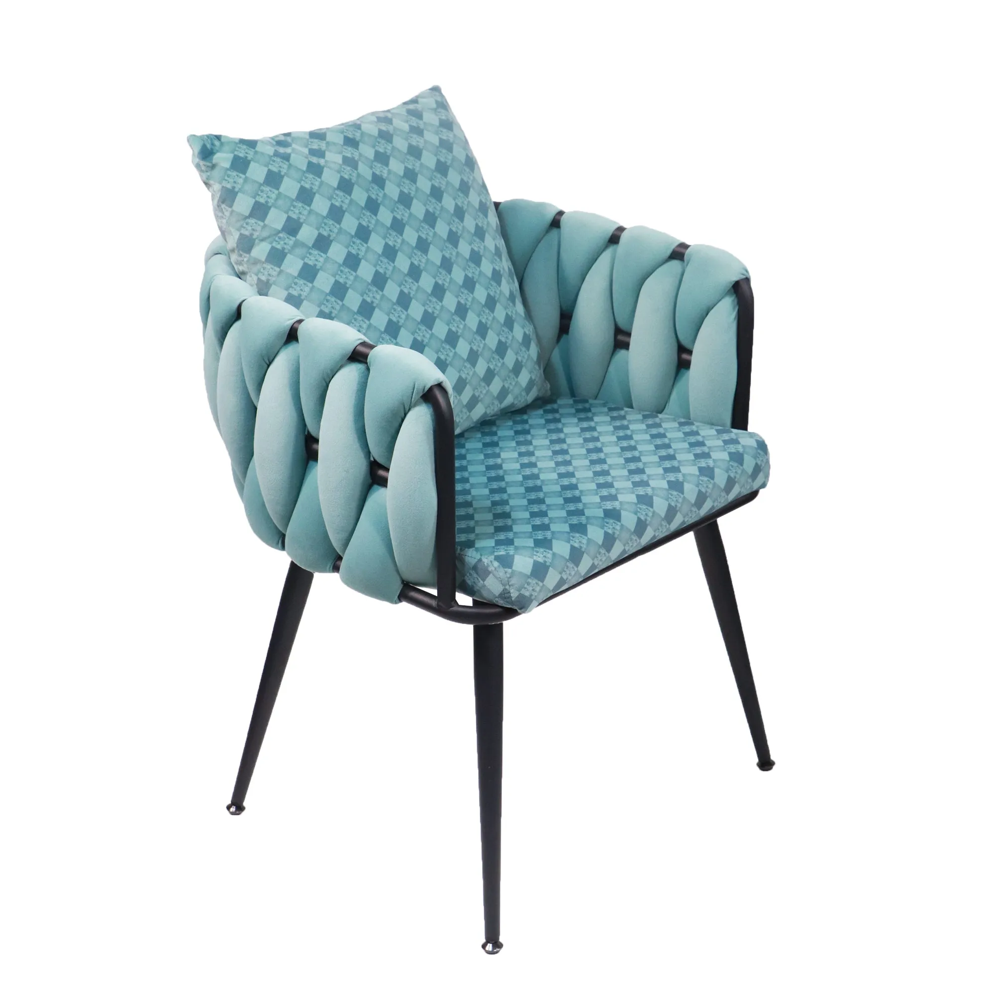 Blue Modern Velvet Dining Chairs Set of 2 Hand Weaving Accent Chairs Living Room Chairs Upholstered Side Chair with Black Metal Legs for Dining Room Kitchen Vanity Living Room