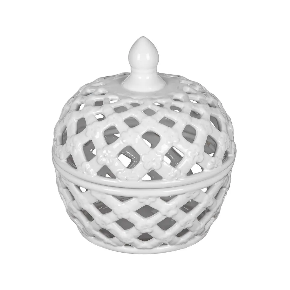 Ceramic Lidded Jar With Lattice Design - White by Couch.com