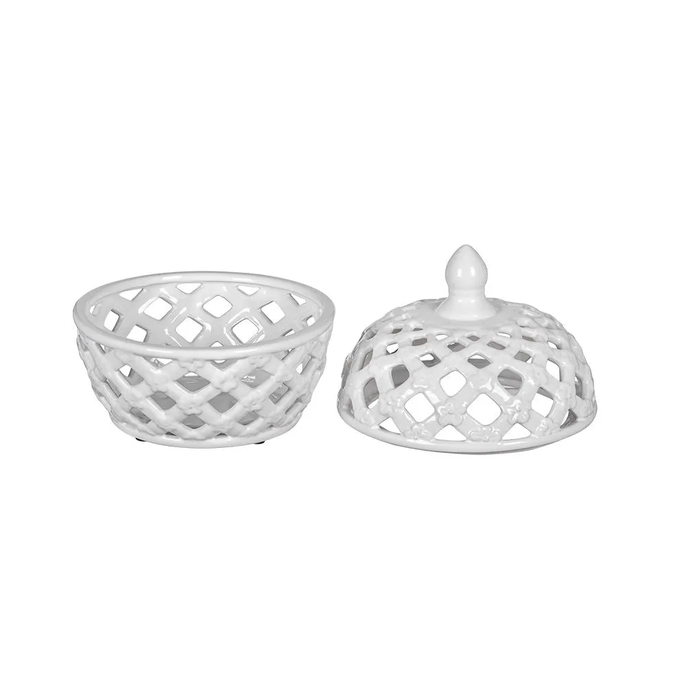 Ceramic Lidded Jar With Lattice Design - White by Couch.com