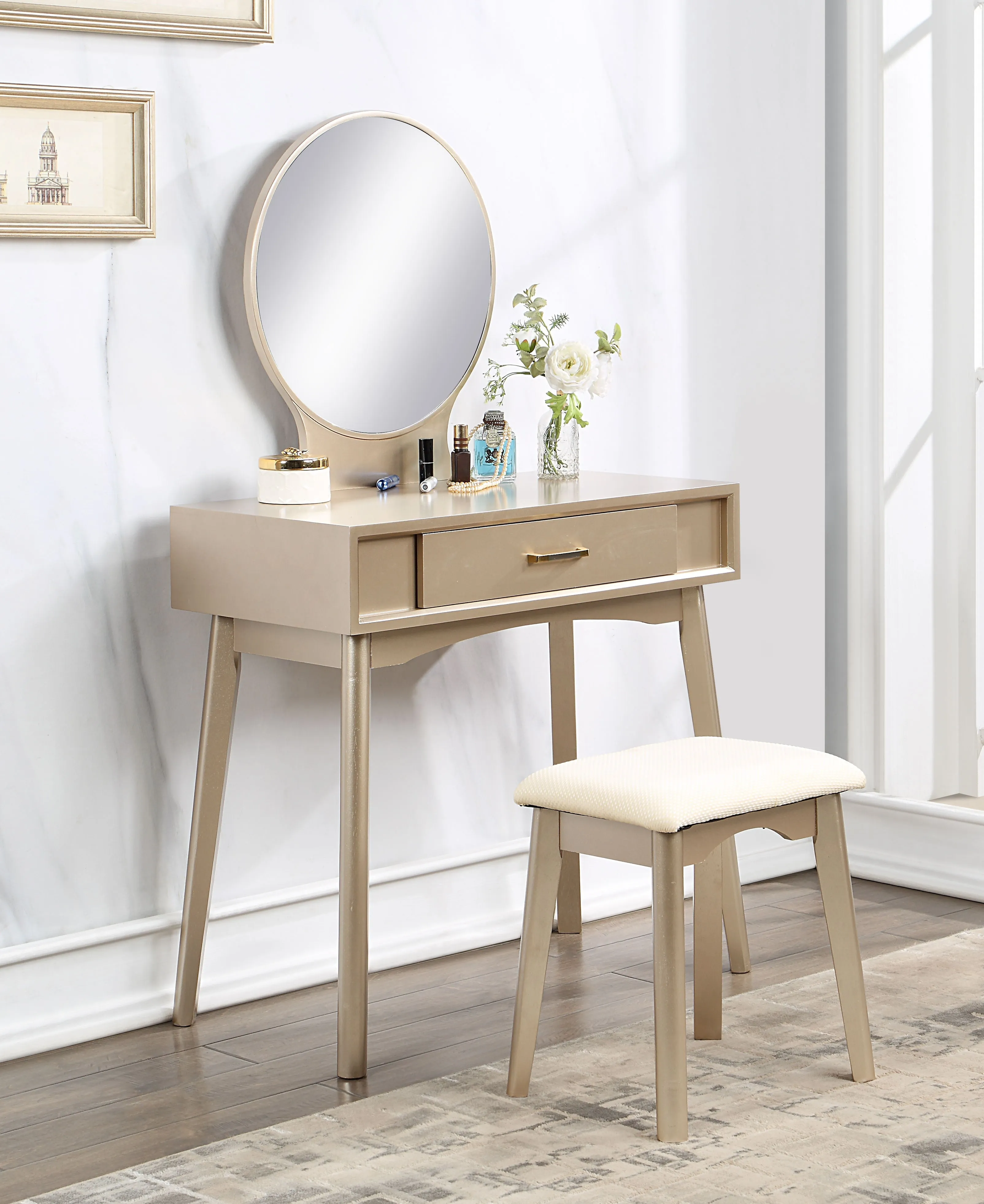 Couch.com Maly Contemporary Wood Vanity And Stool Set Gold, Modern Style, Wood Construction, Gold Finish by Couch.com