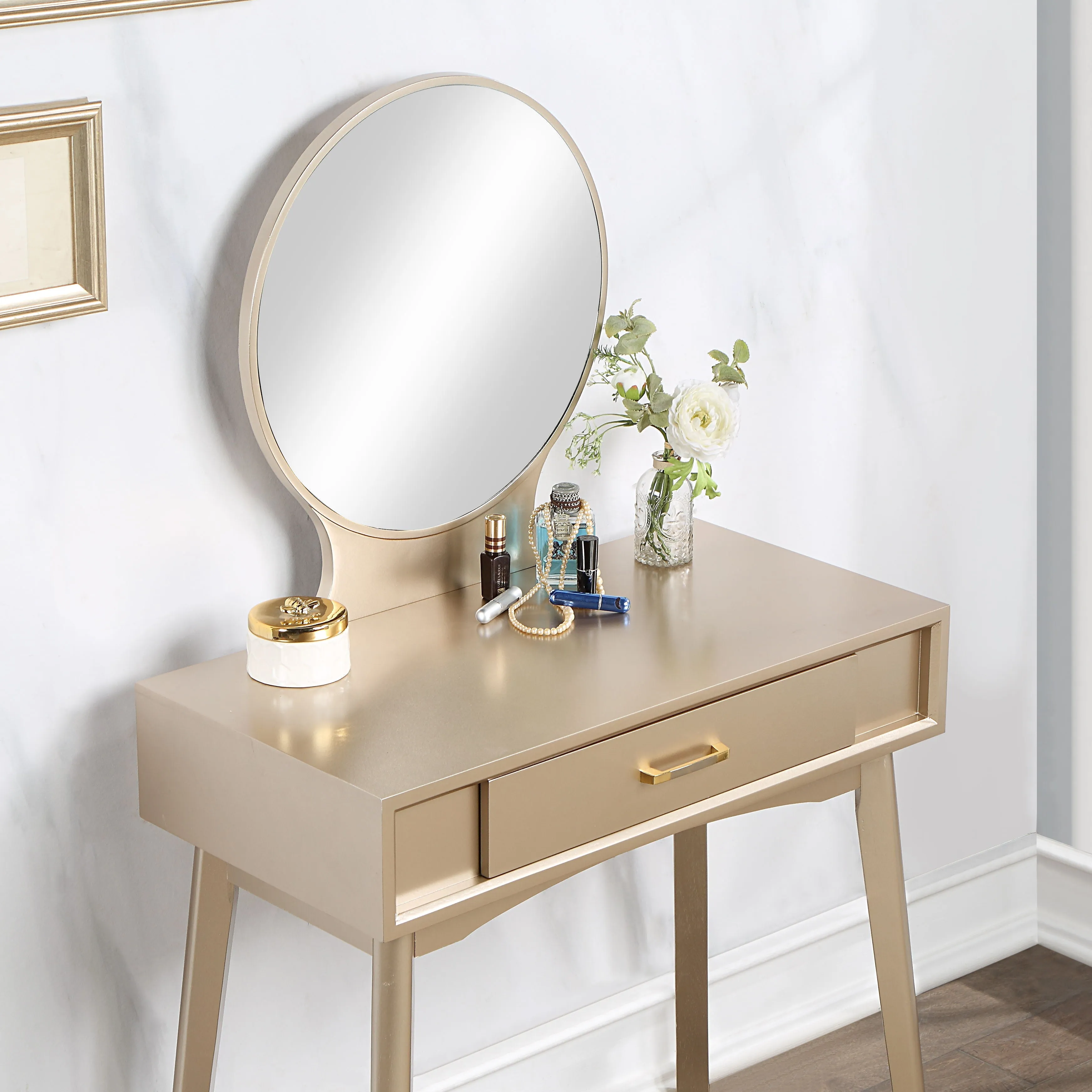 Couch.com Maly Contemporary Wood Vanity And Stool Set Gold, Modern Style, Wood Construction, Gold Finish by Couch.com