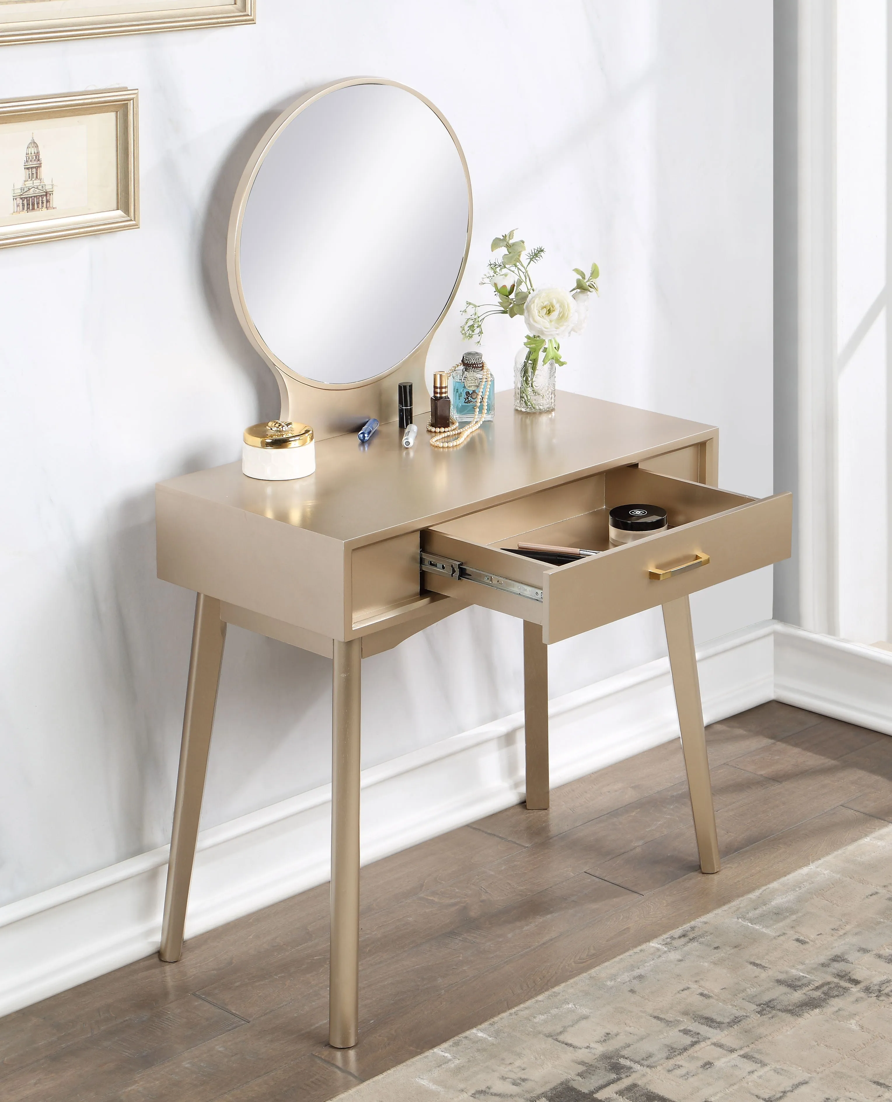 Couch.com Maly Contemporary Wood Vanity And Stool Set Gold, Modern Style, Wood Construction, Gold Finish by Couch.com