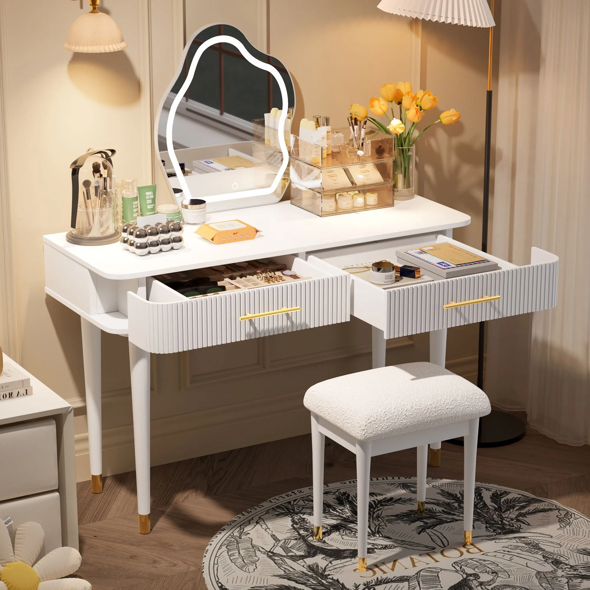 Couch.com Modern Vanity Table Set With Mirror Touch Screen Lighted Mirror, Dressing Table And Cushioned Stool Set With 2 Large Drawers White, with Storage, Wood Construction, White Finish by Couch.com