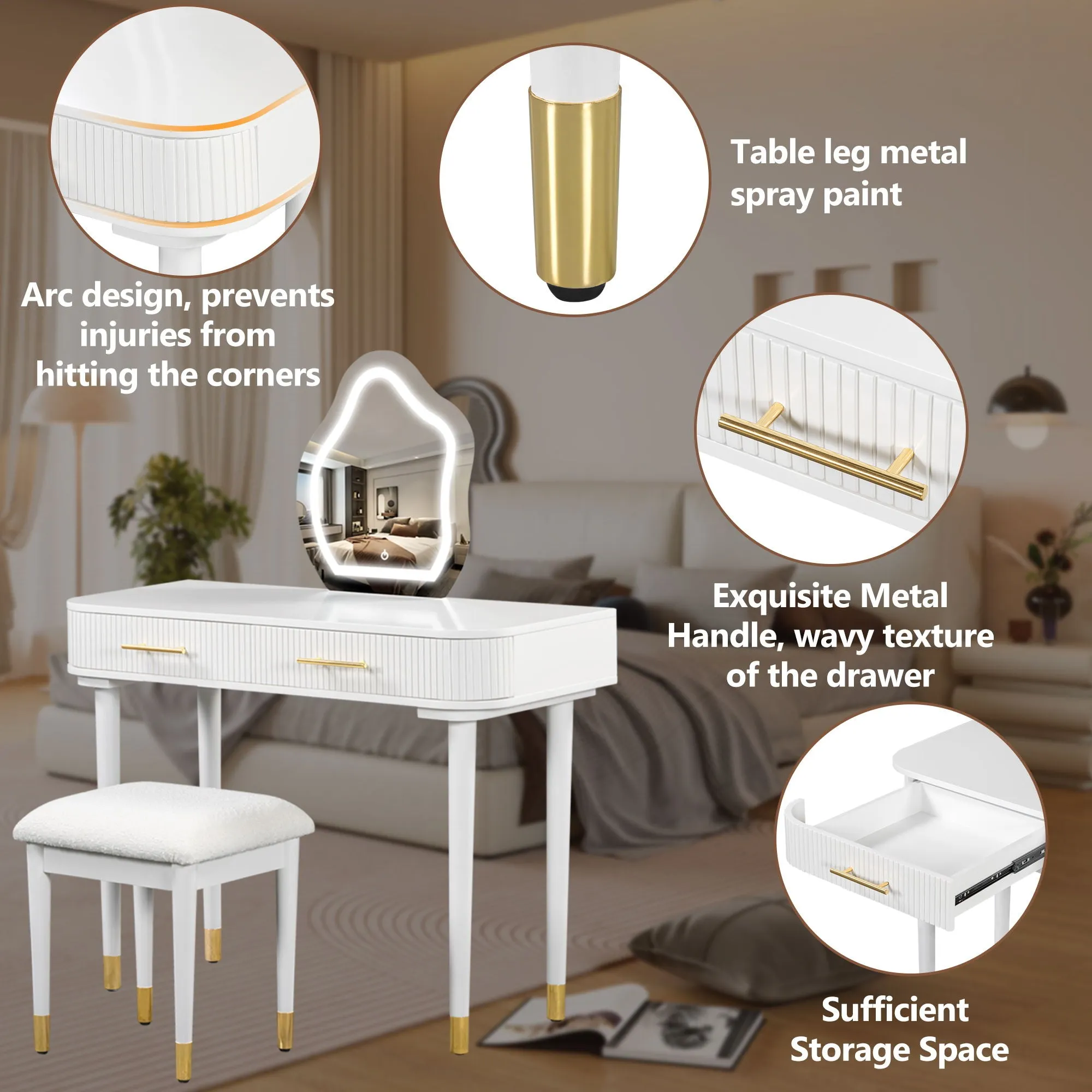 Couch.com Modern Vanity Table Set With Mirror Touch Screen Lighted Mirror, Dressing Table And Cushioned Stool Set With 2 Large Drawers White, with Storage, Wood Construction, White Finish by Couch.com