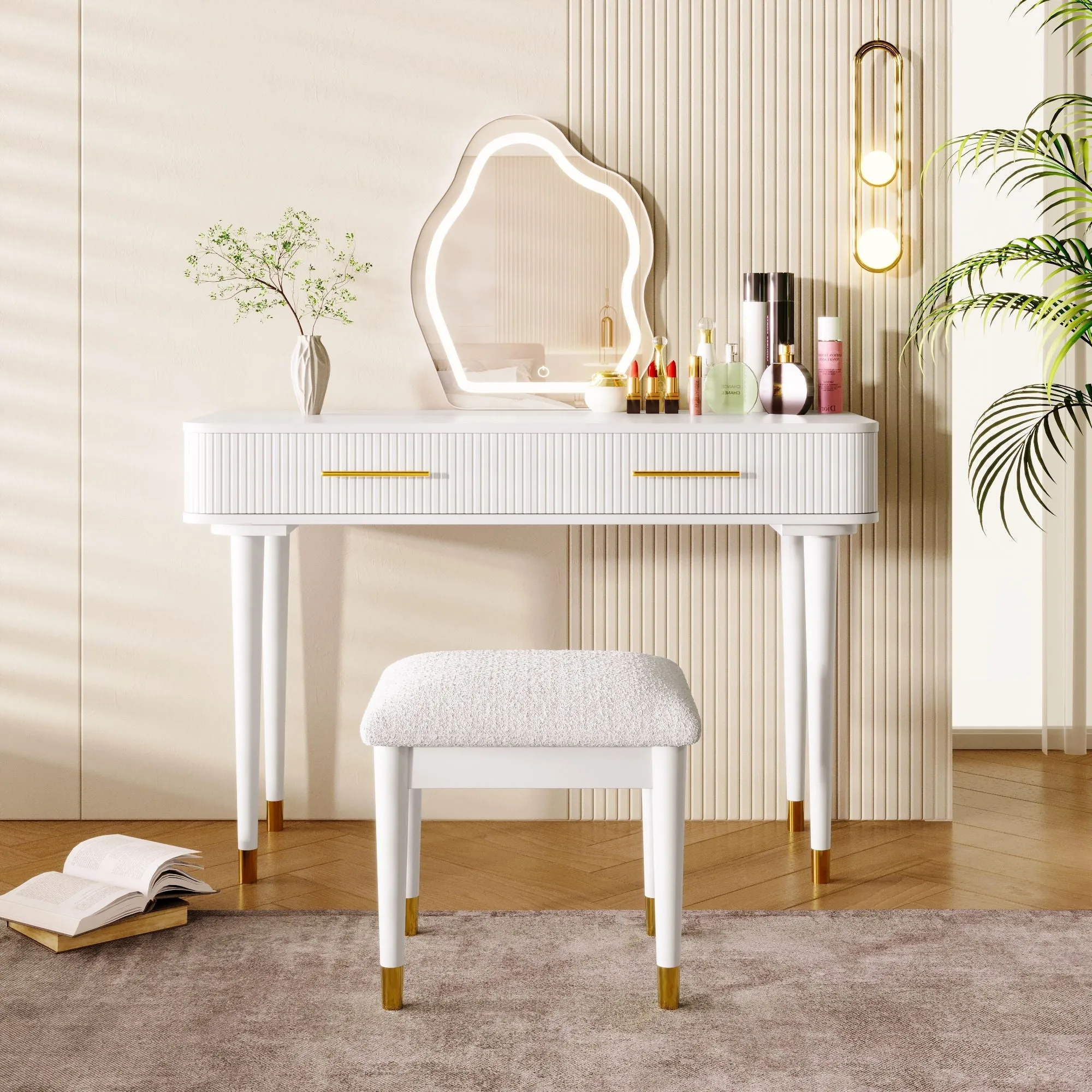 Couch.com Modern Vanity Table Set With Mirror Touch Screen Lighted Mirror, Dressing Table And Cushioned Stool Set With 2 Large Drawers White, with Storage, Wood Construction, White Finish by Couch.com