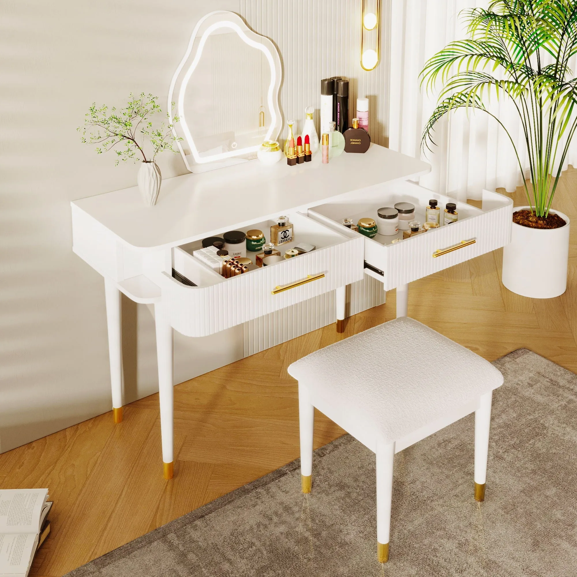 Couch.com Modern Vanity Table Set With Mirror Touch Screen Lighted Mirror, Dressing Table And Cushioned Stool Set With 2 Large Drawers White, with Storage, Wood Construction, White Finish by Couch.com