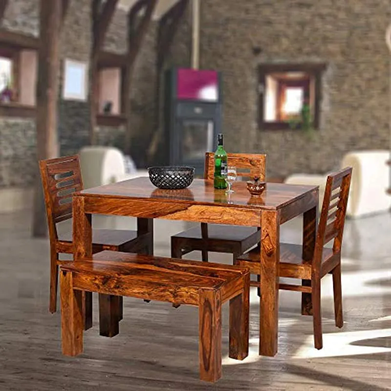Credenza Solid Sheesham Wood Dining Table 4 Seater with 3 Chairs & 1 Bench | Home Dining Room Furniture Teak Wood Dining Table 4 Seater | Honey Finish